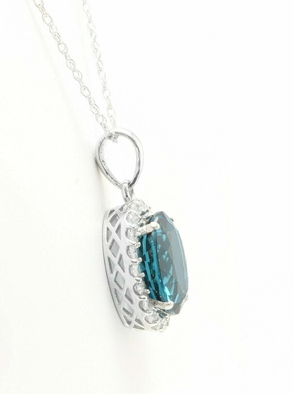 3Ct Oval Cut Lab Created London Blue Topaz Halo Pendant 14K White Gold Plated