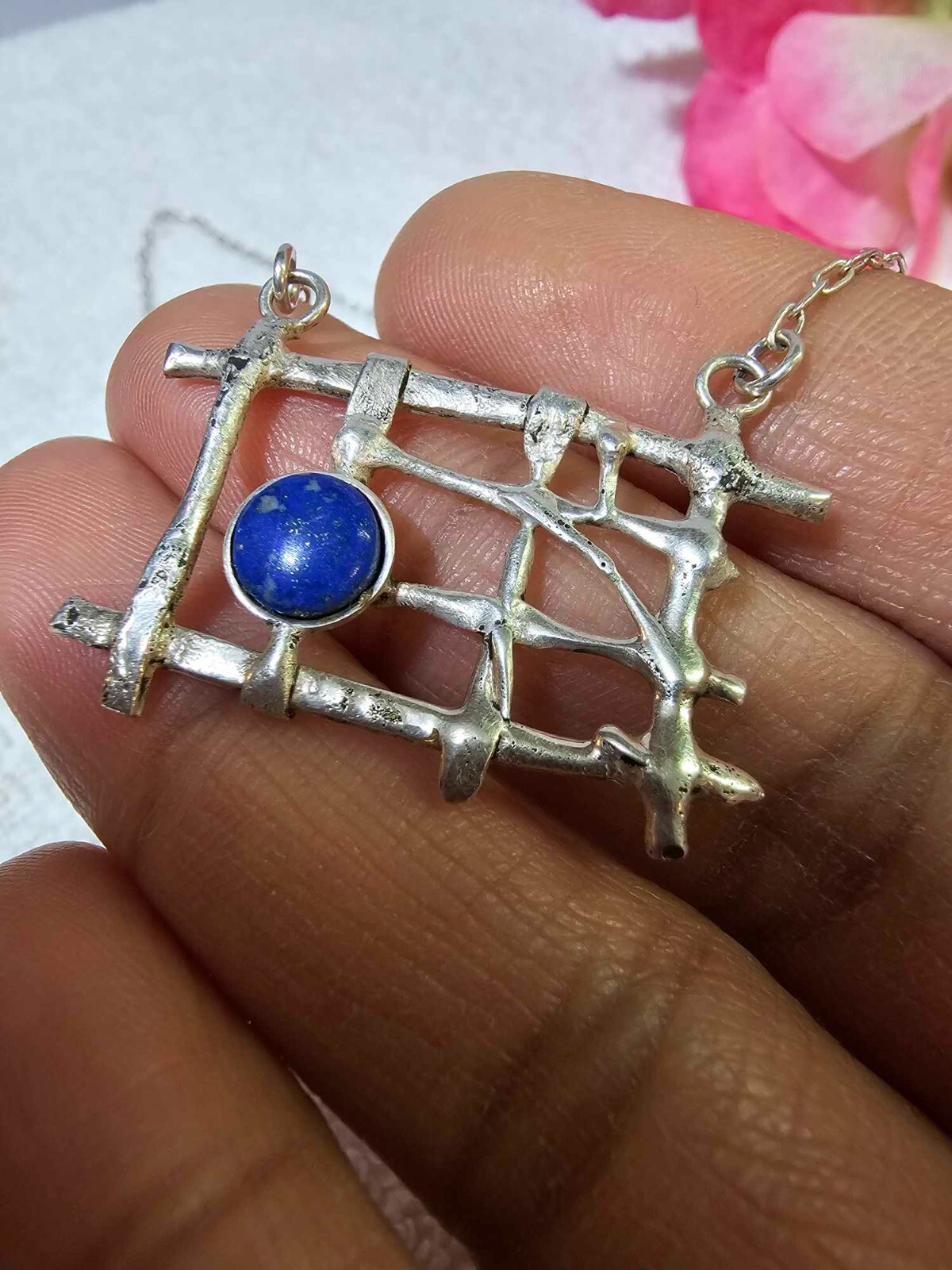 900 silver necklace w/ rectangular abstract pendant w lazuli lapis 16in”- B40