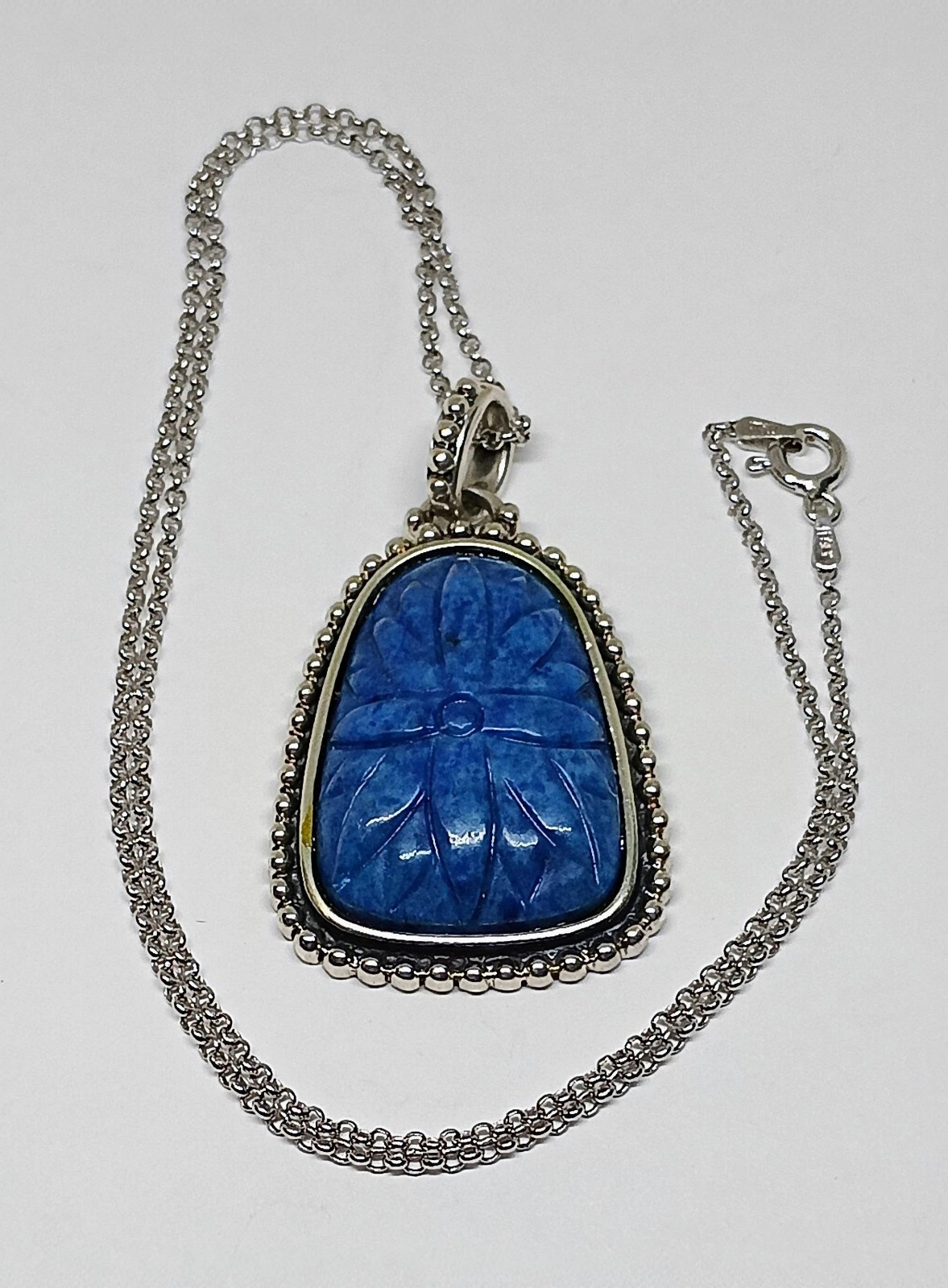 Royal Blue Sterling Silver Thailand Carved Sodalite Stone Necklace