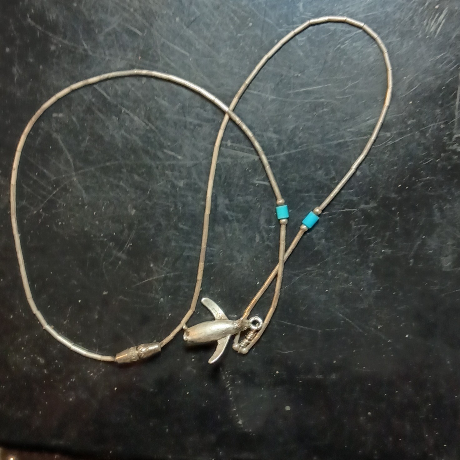 925 Liquid Silver Penguin Charm Pendant Necklace with Blue Turquoise Beads,