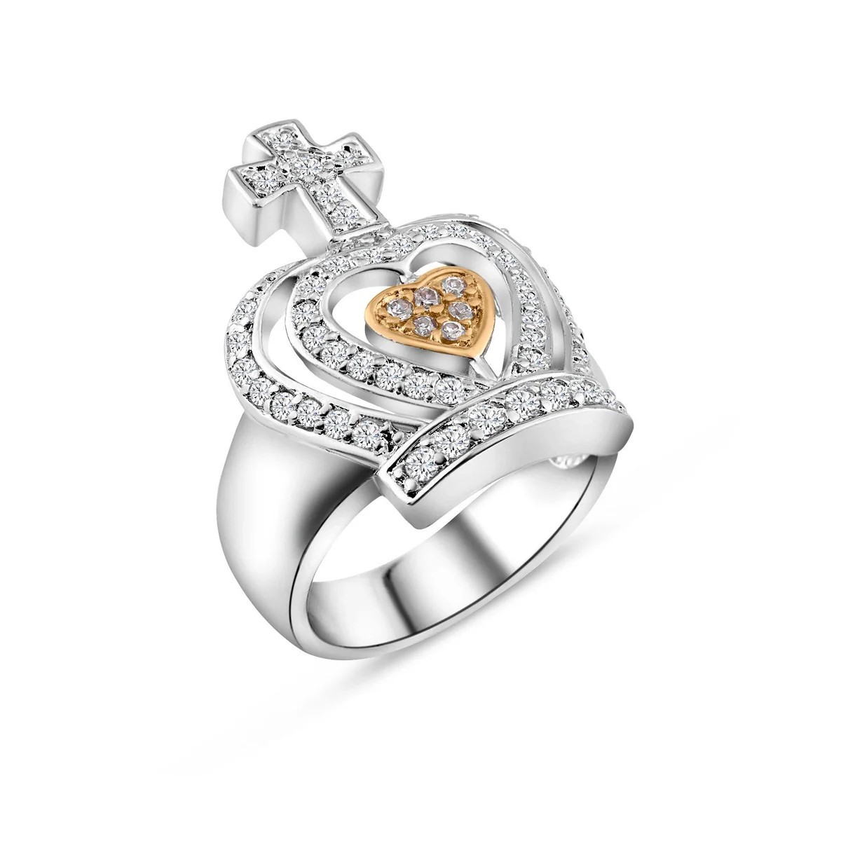 Sterling Silver 925 Rhodium Plated Pink Heart Center and Clear CZ Crown Ring