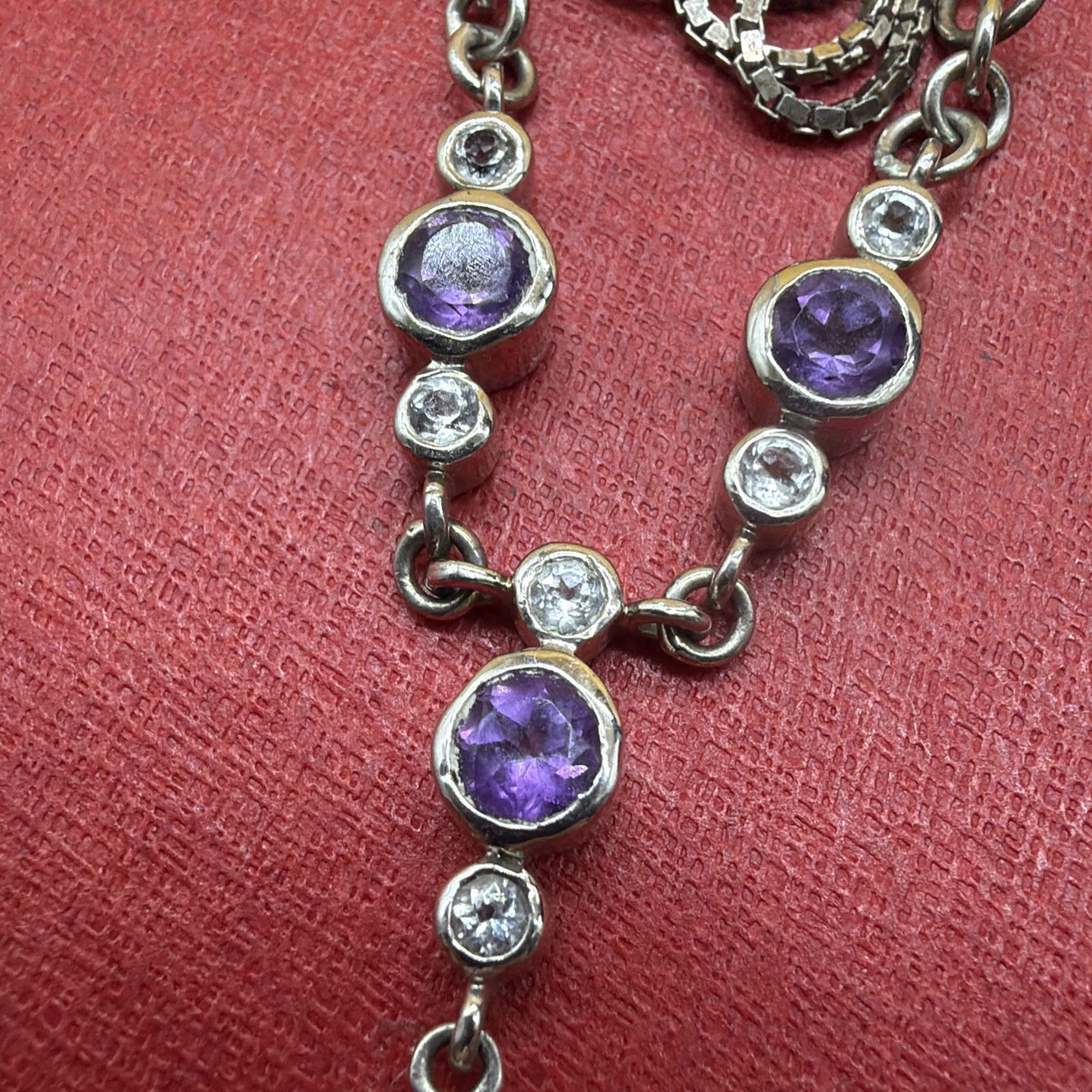 Beautiful Faceted Amethyst Teardrop Pave Halo Vintage Sterling Necklace 18”!