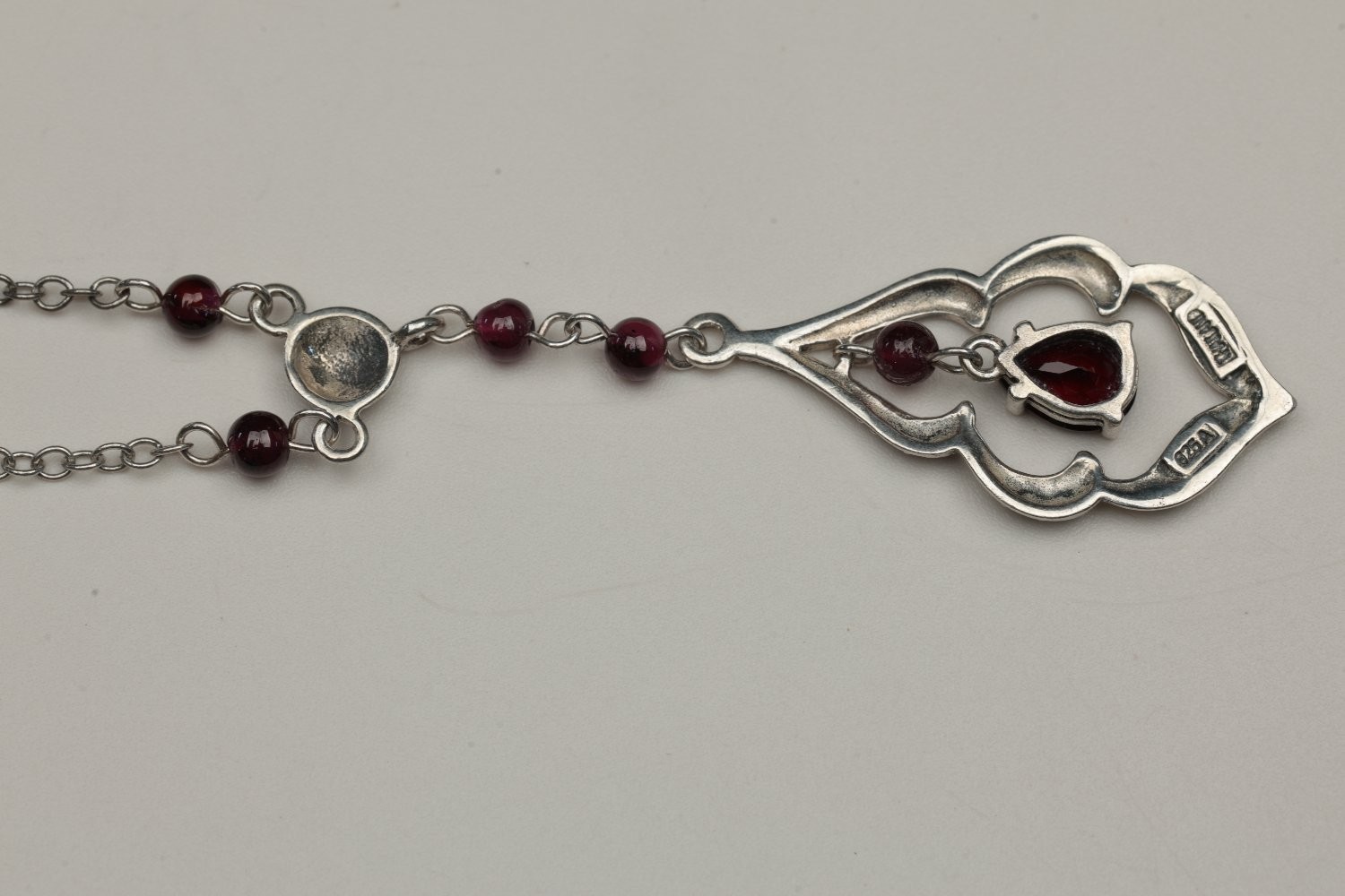 Vintage 925 Sterling Silver Marcasite Garnet Beaded Y-Drop Pendant Necklace 25g