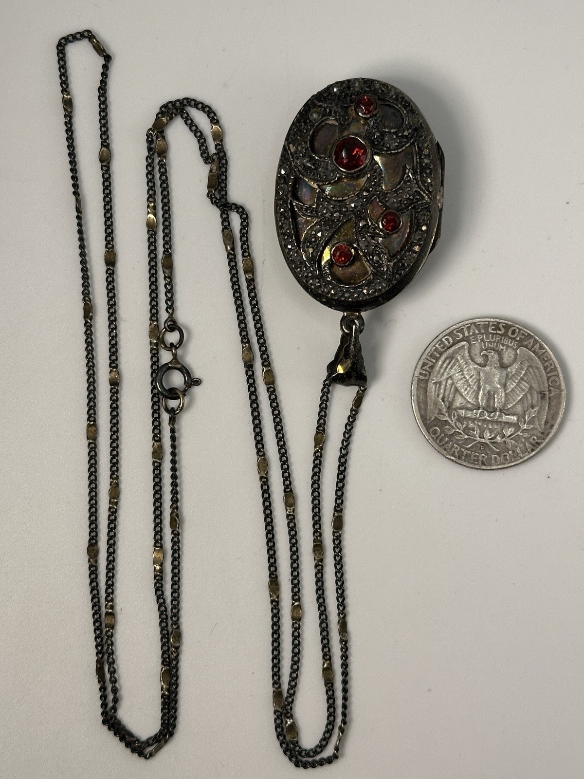 925 Sterling Silver Chain & Art Nouveau Style Oval Locket Pendant & Garnet, 32”