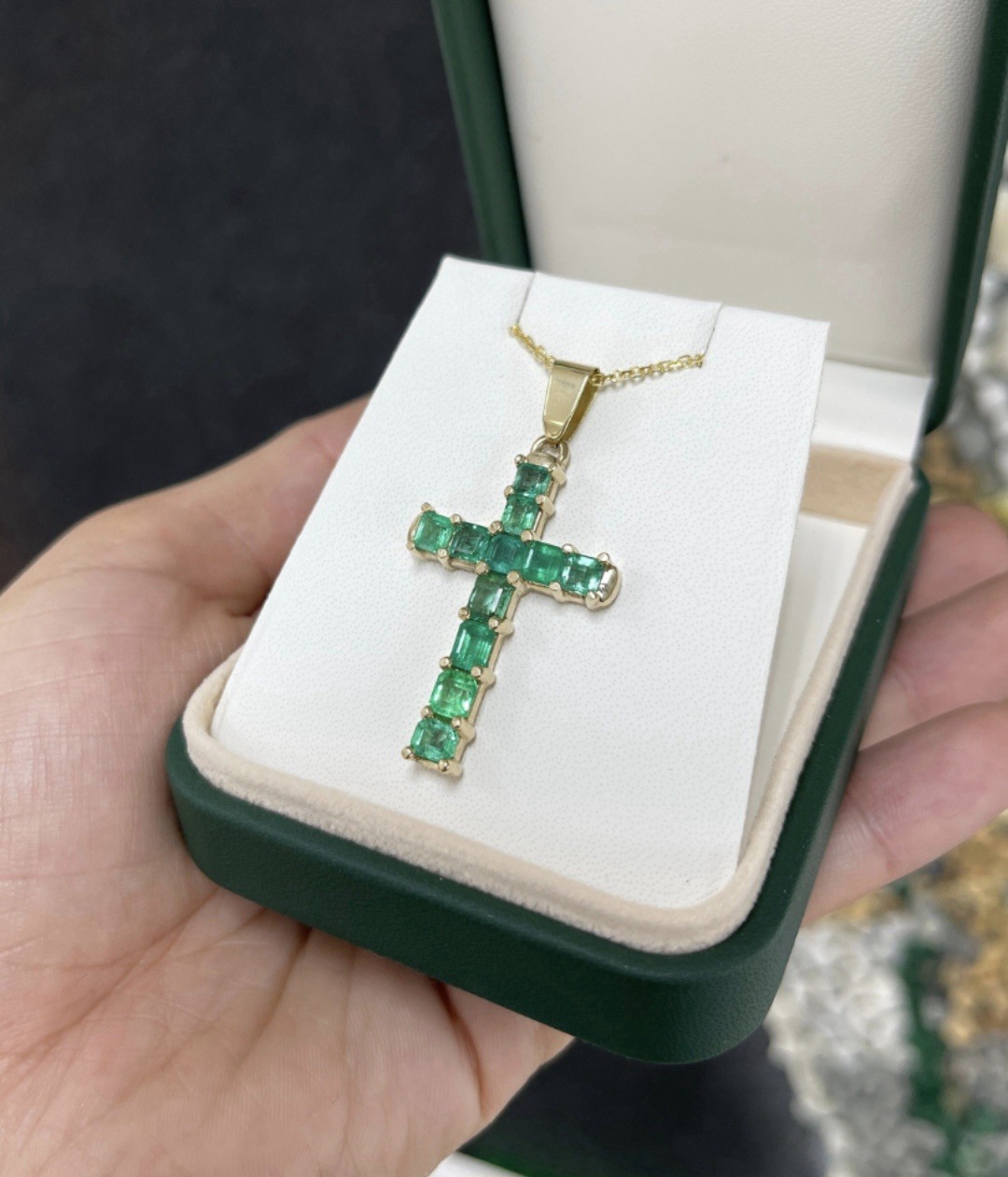 Emerald Gold Cross Pendant 14k Solid Yellow Gold Natural Emerald Pendant