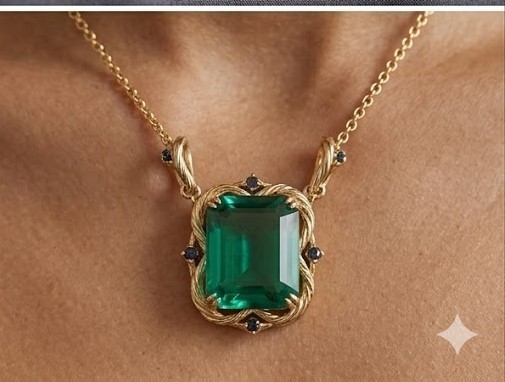 Vintage-Inspired Pendant 4CT Natural Green Emerald & Sapphire 14k Yellow Gold