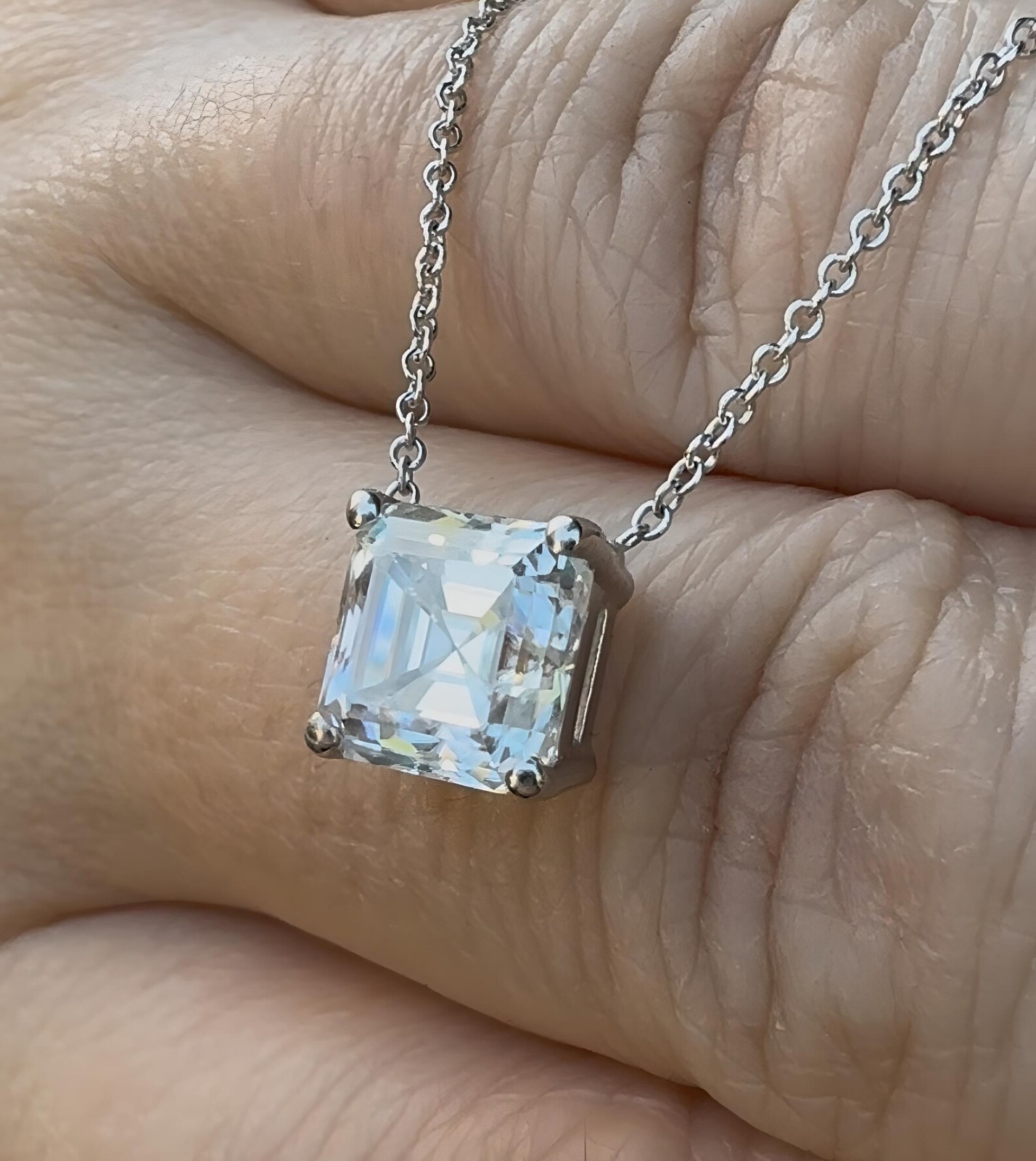 5Ct Asscher-Cut EF/VS1 Lab Grown Diamond Prong Necklace& Pendant 14k White Gold