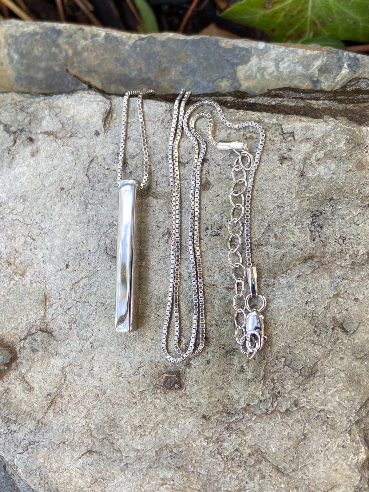 925 Sterling Silver Drop Down Bar Necklace 3D Vertical Rhodium 18″ Adjustable