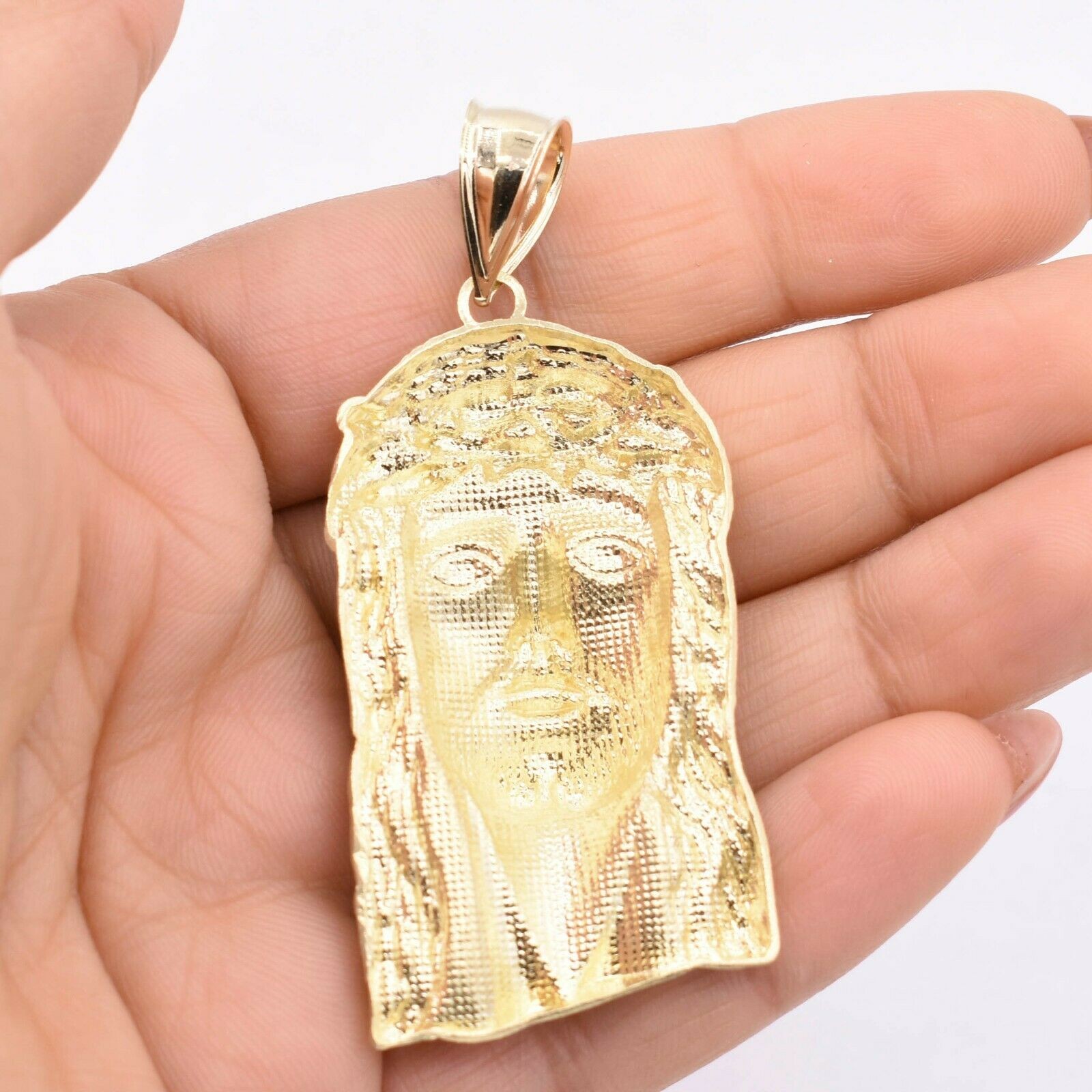2 3/4″ Textured Face of Jesus Pendant Charm Real Solid 10K Yellow Gold