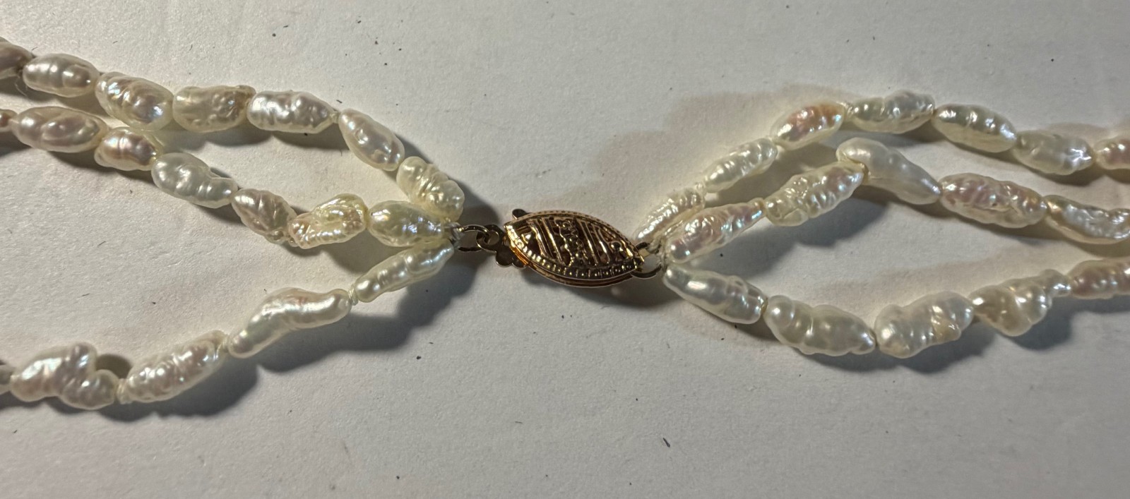 3 Strand Freshwater Pearls – 24″, IWI with 14K Clasp – Excellent Condition