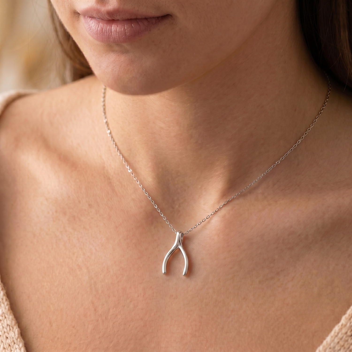 Solid 925 Sterling Silver Wishbone Pendant Charm Necklace 18″ Cable Chain