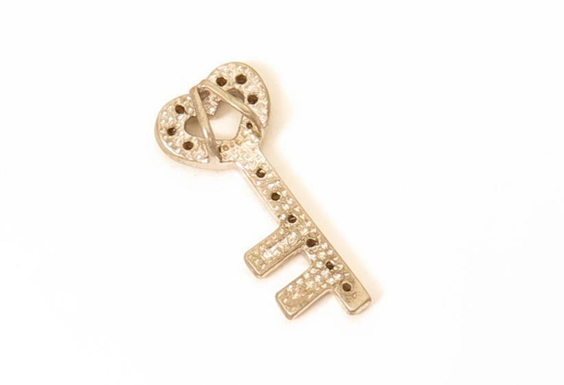 Antique Style Heart Key Sterling Silver Clear stone Necklace Pendant