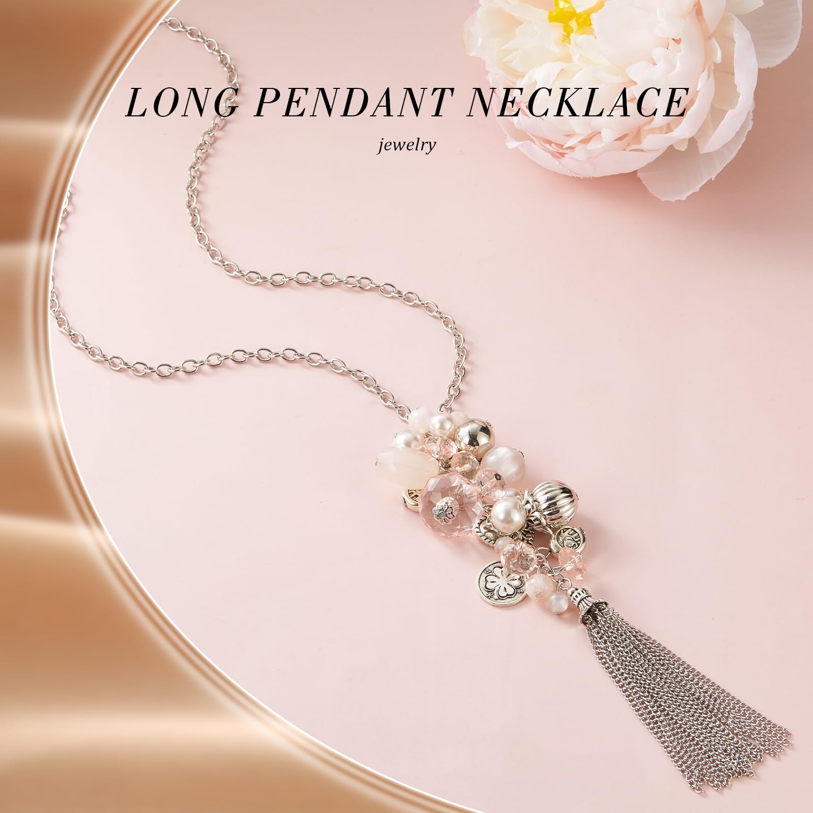 Silver Long Tassel Necklaces for Women Boho Chain Necklace with Tassel Beaded Pe