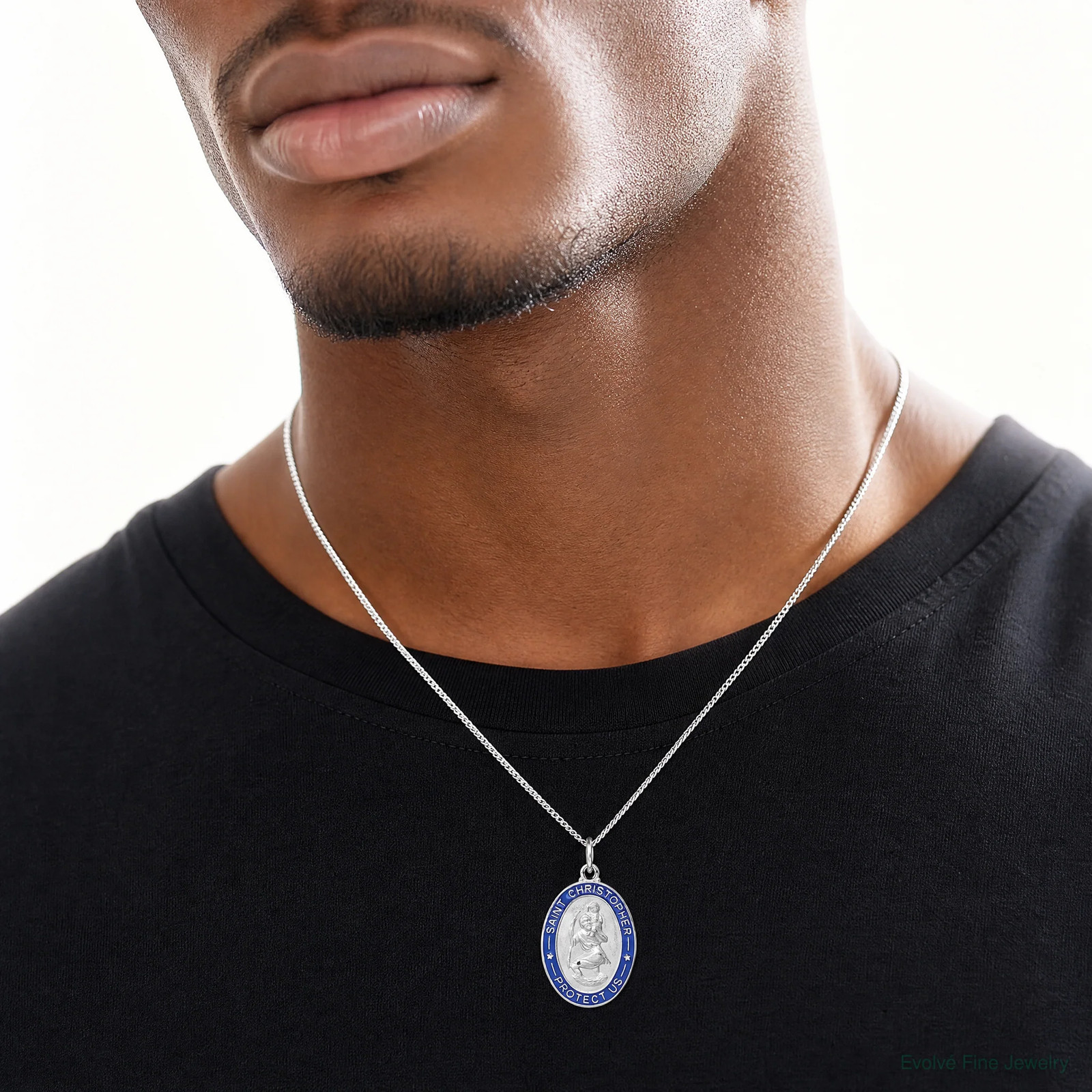 Sterling Silver Platinum-Plated Enameled St. Christopher Medal