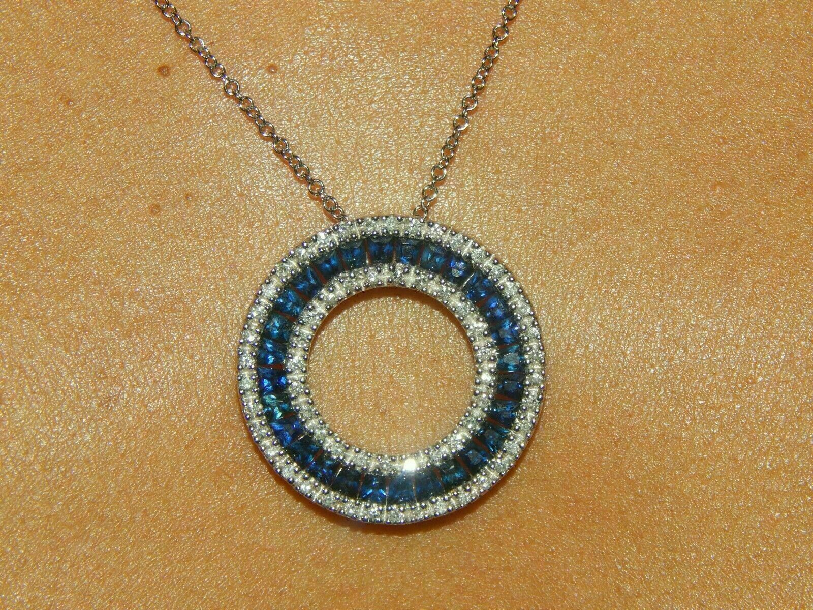 3Ct Princess Cut Blue Sapphire Round Pendant 14K White Gold Finish Free Chain