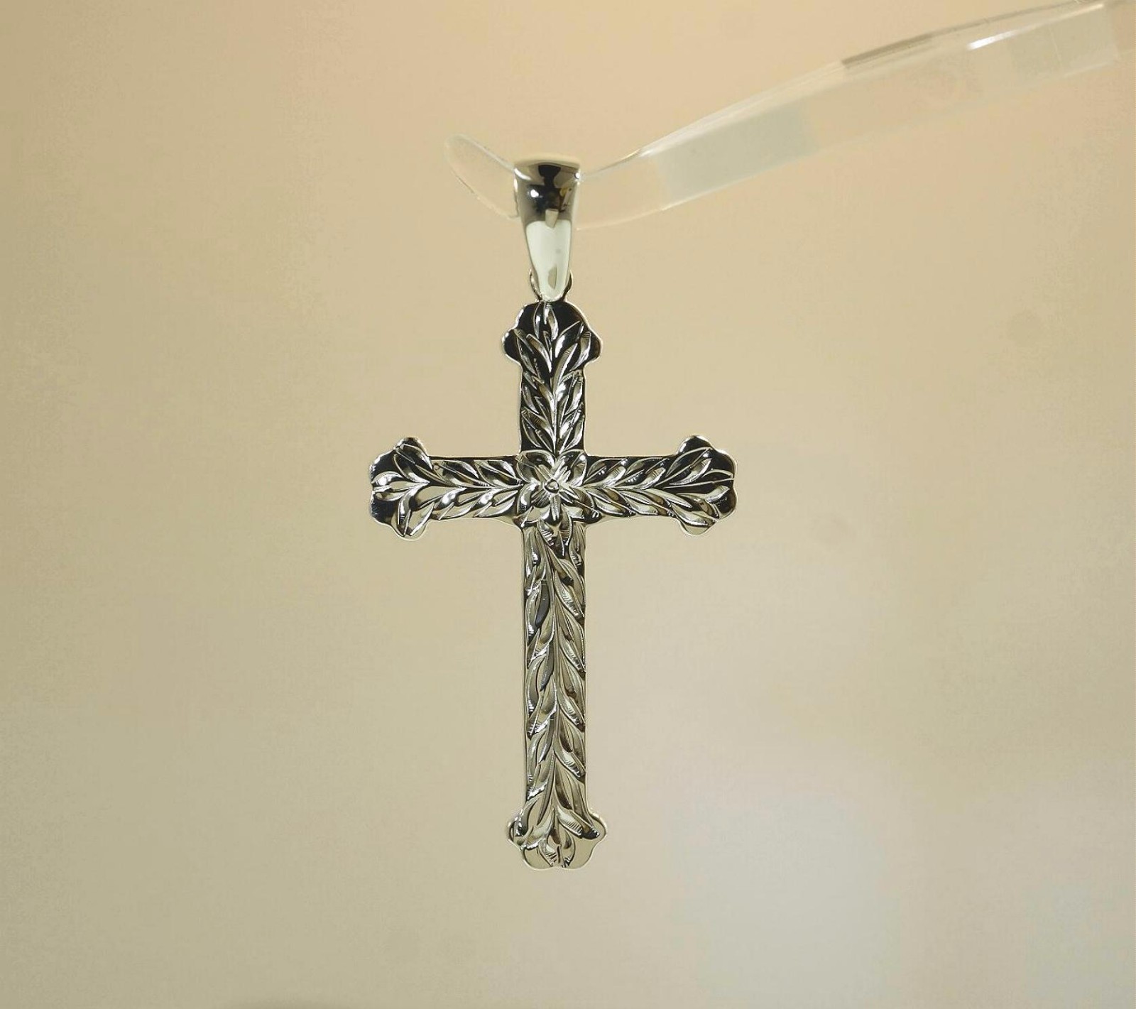 26mm SOLID 925 Silver Hand Engraved Hawaiian Royal Maile Plumeria Cross Pendant