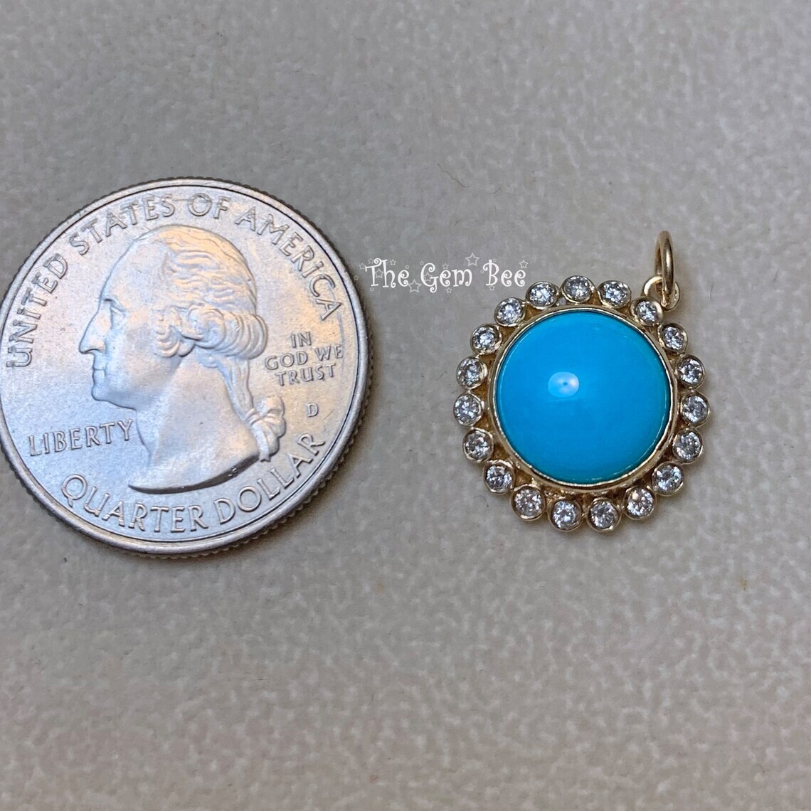 16mm 14K Yellow Gold Diamond Sleeping Beauty Turquoise Round Pendant Charm