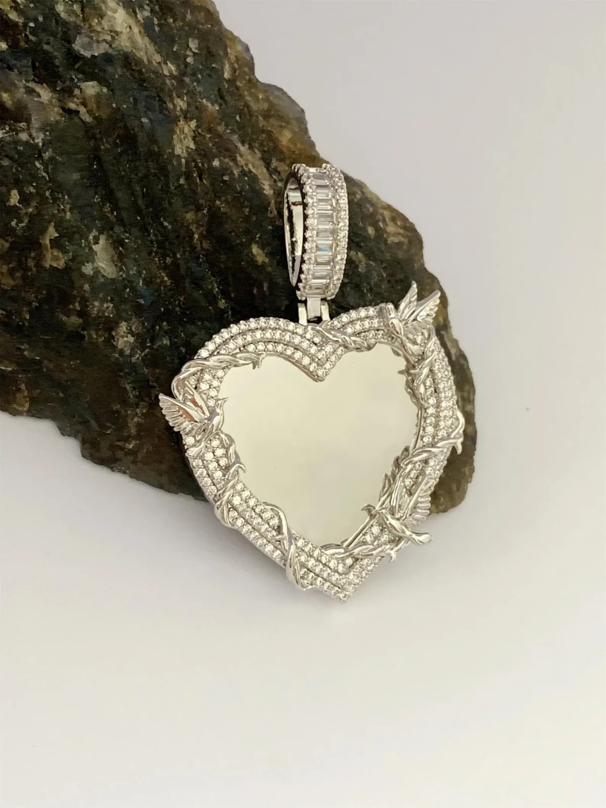 4ct Lab Created Diamond Custom Heart Memorial Photo Pendant 14k Gold Plated 2″