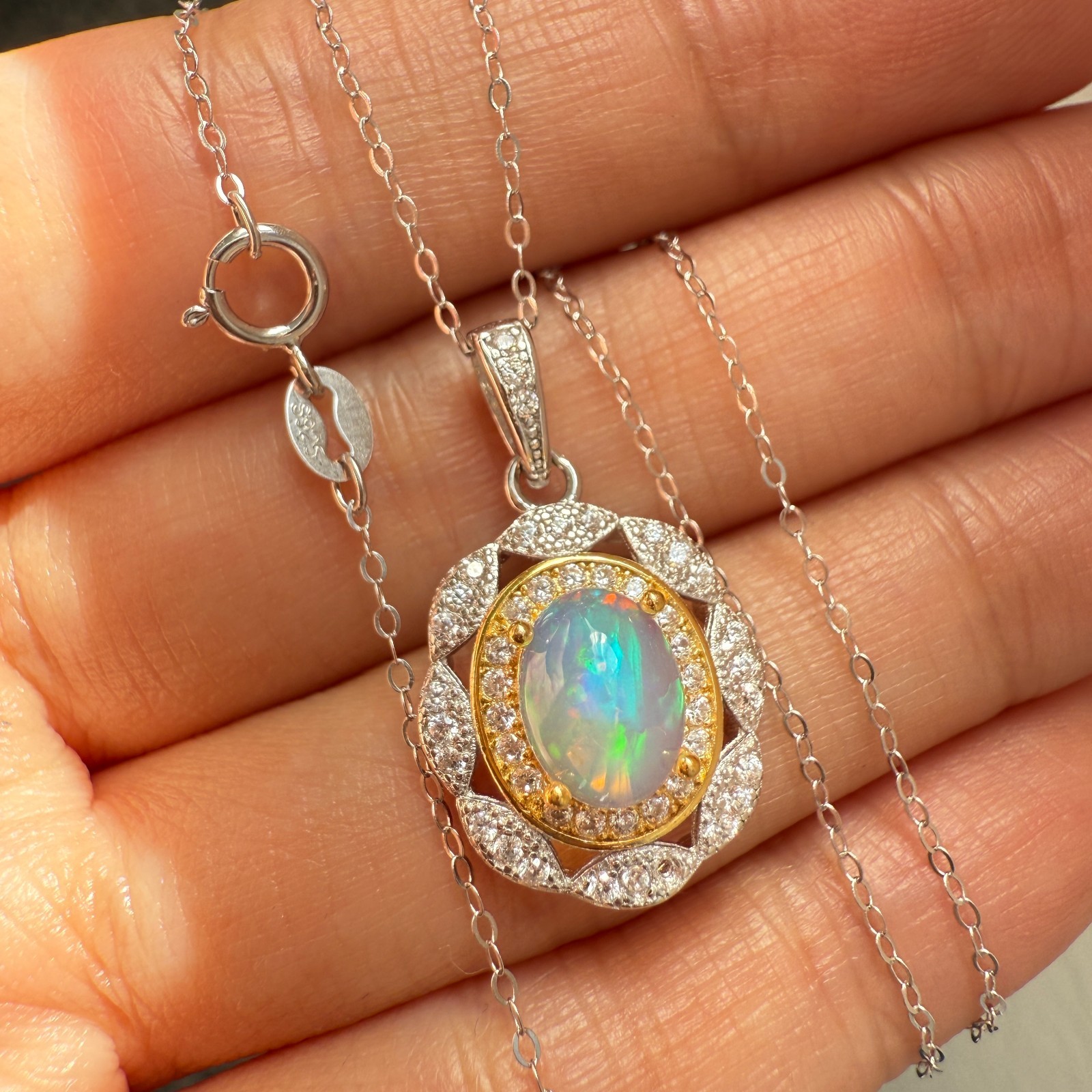 925 Sterling Silver Necklace 8x6mm Natural Opal Handmade Flower Birthstone