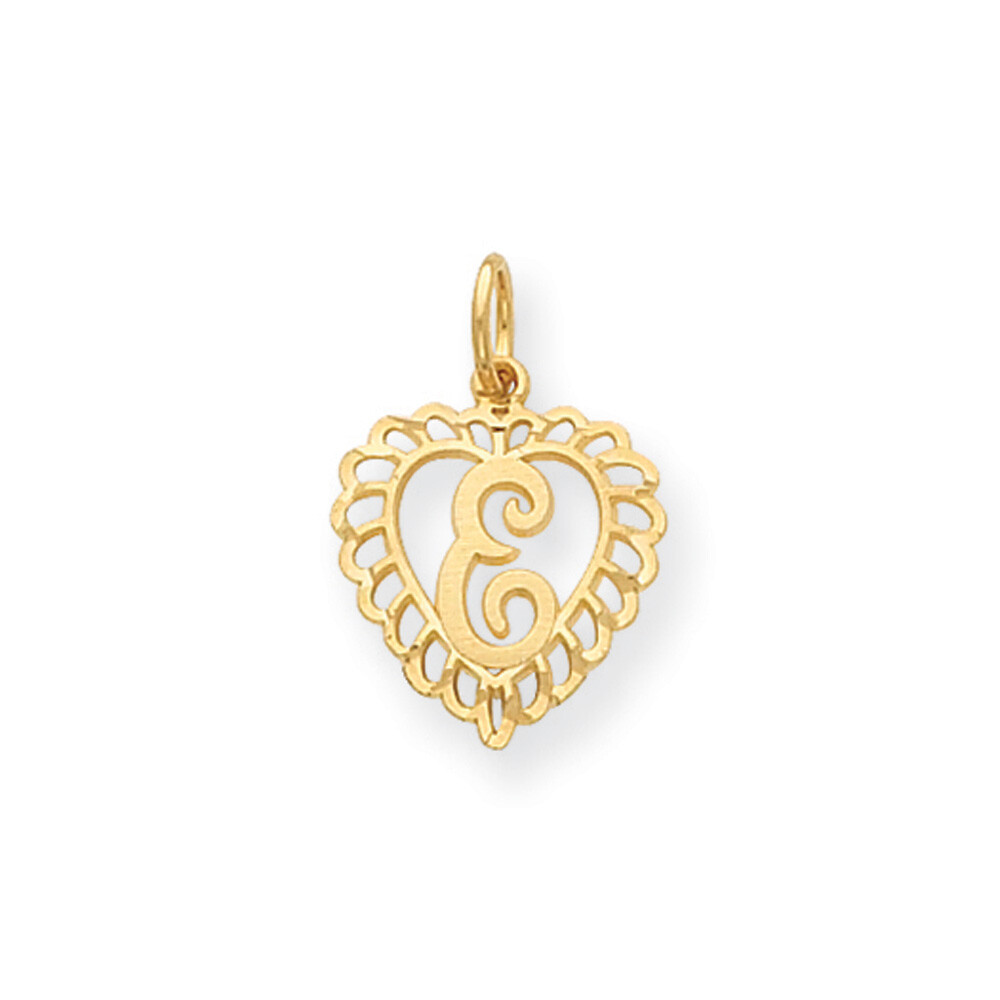 14k Yellow Gold, Grace Collection, Satin Heart Initial E Pendant, 15mm