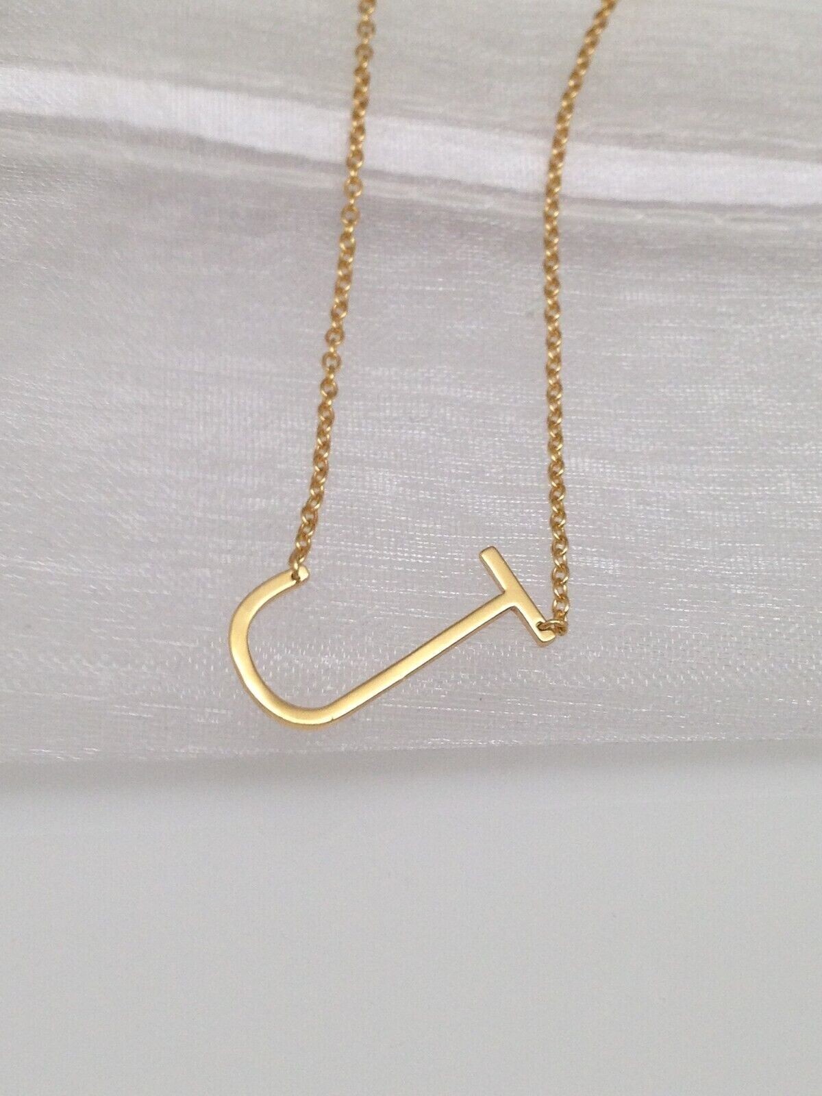 925 Sterling Silver Sideways Initial Letter J Pendant Necklace Gold 16mm Women