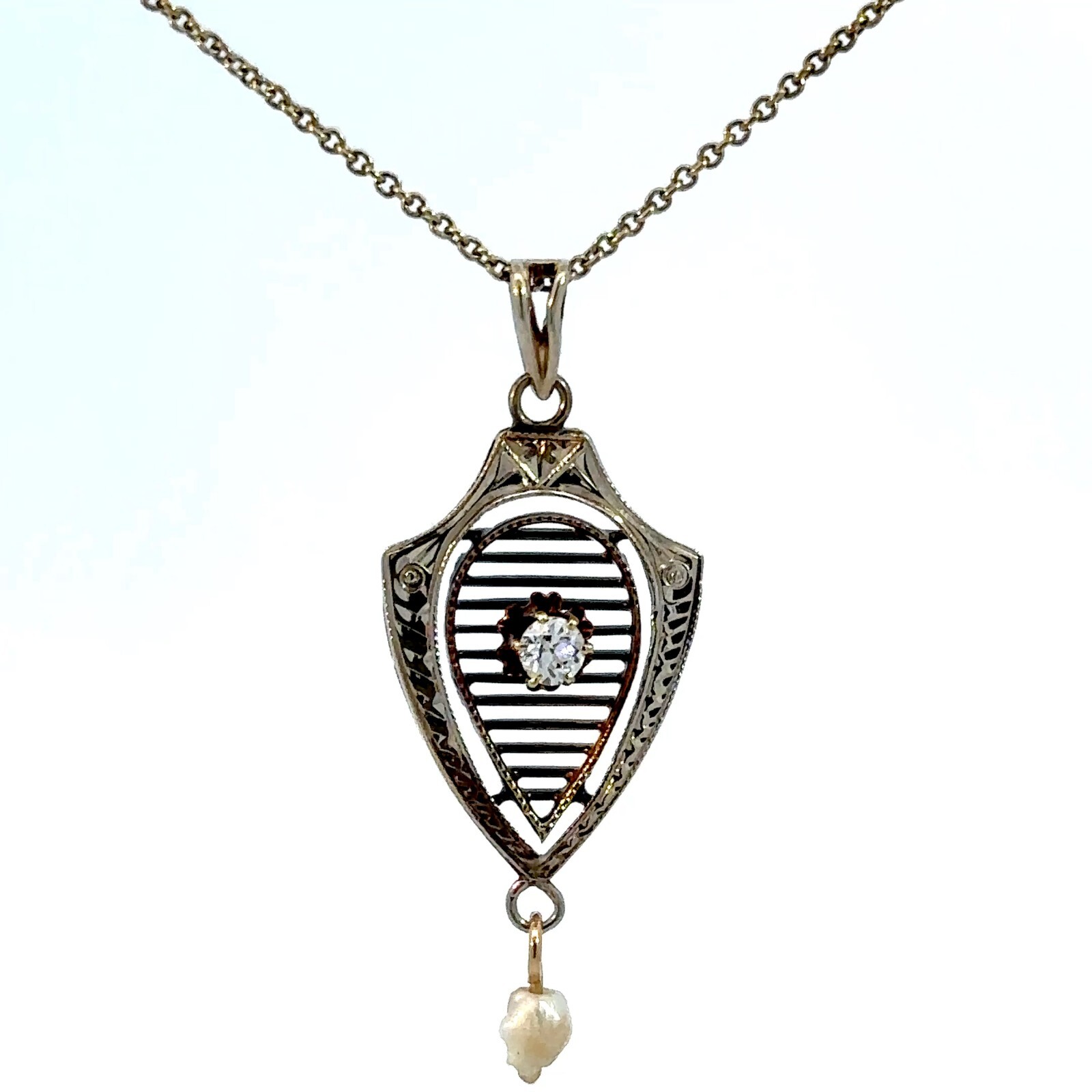 Vintage 14K Yellow Gold Diamond and Pearl Shield-Like Pendant Necklace 16″
