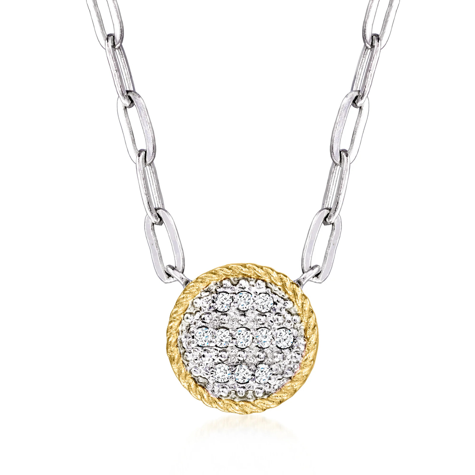 Ross-Simons Diamond Roped-Edge Circle Paper Clip Link Ncklc in Silver & 14k Gold