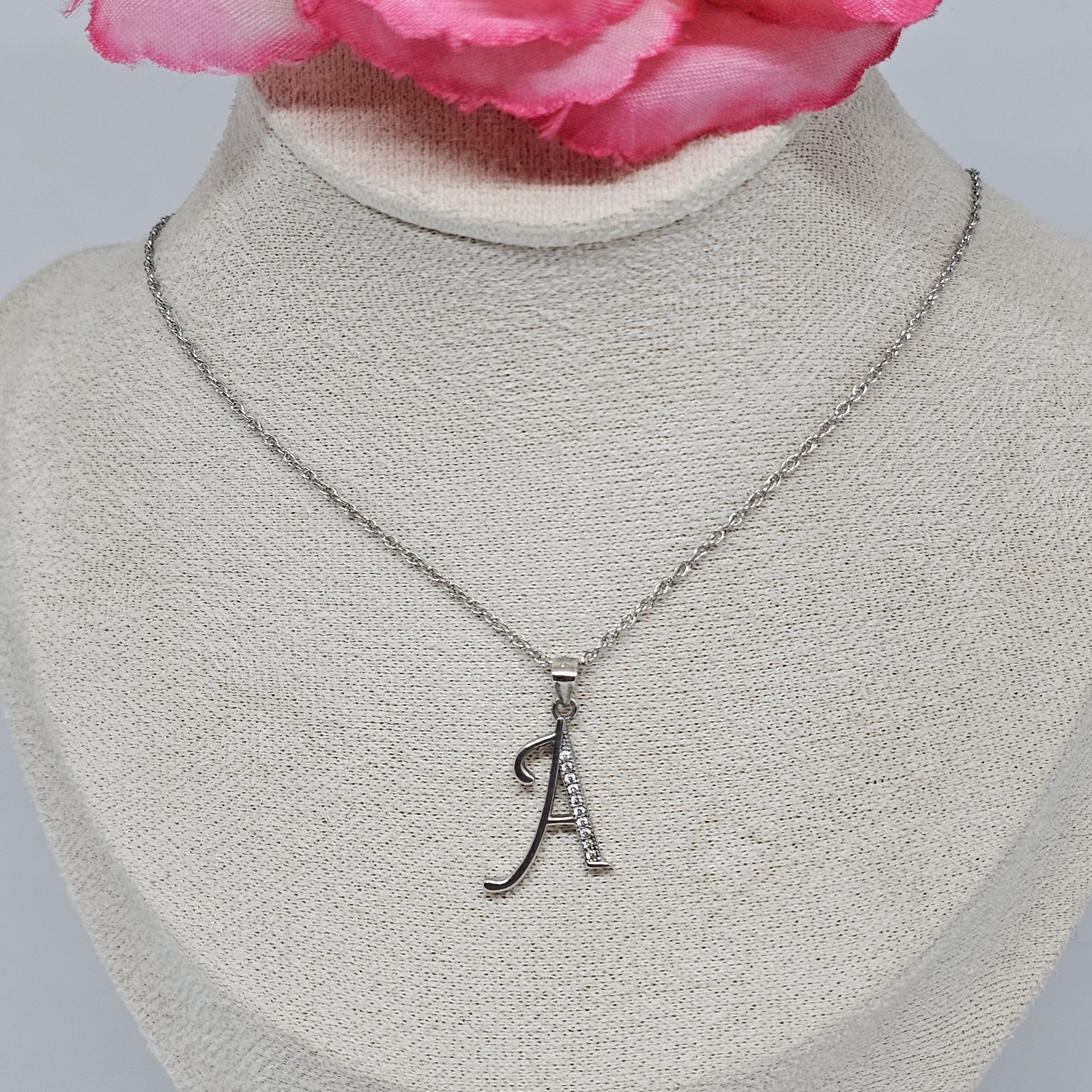 925 Sterling Silver CZ A Letter Initial Pendant Necklace Name Chain Cubic Zircon