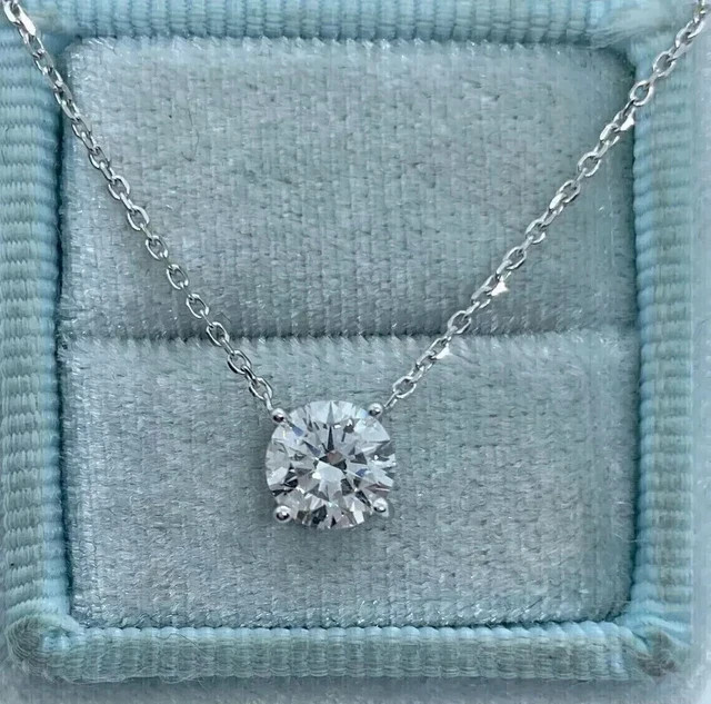 2Ct Round Cut Real Moissanite Solitaire Pendant 14K White Gold Finish Free Chain