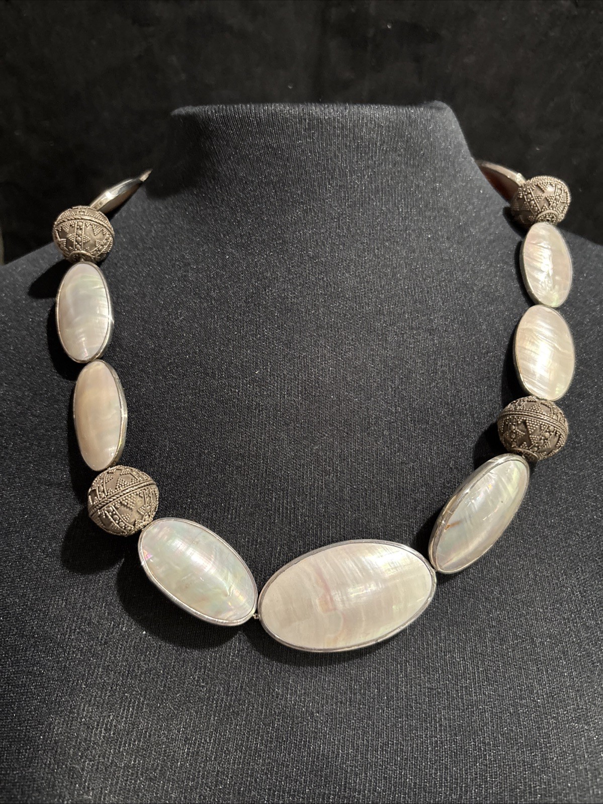 Rare Nautilus Osmena Pearl Antique 925 Silver Necklace 70cm WhiteGray Iridescent