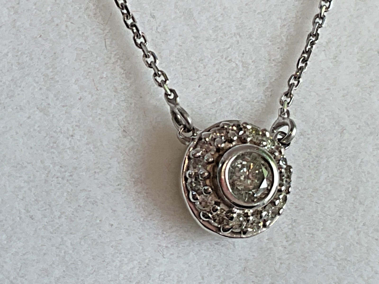 14k Diamond Halo Pendant Necklace – Bezel Set Center Stone, Pave Surround