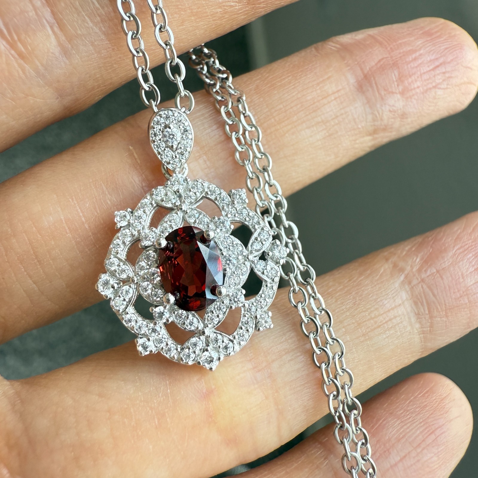925 Sterling Silver Necklace 7x5mm Natural Garnet Gemstone Zircon Handmade Gift