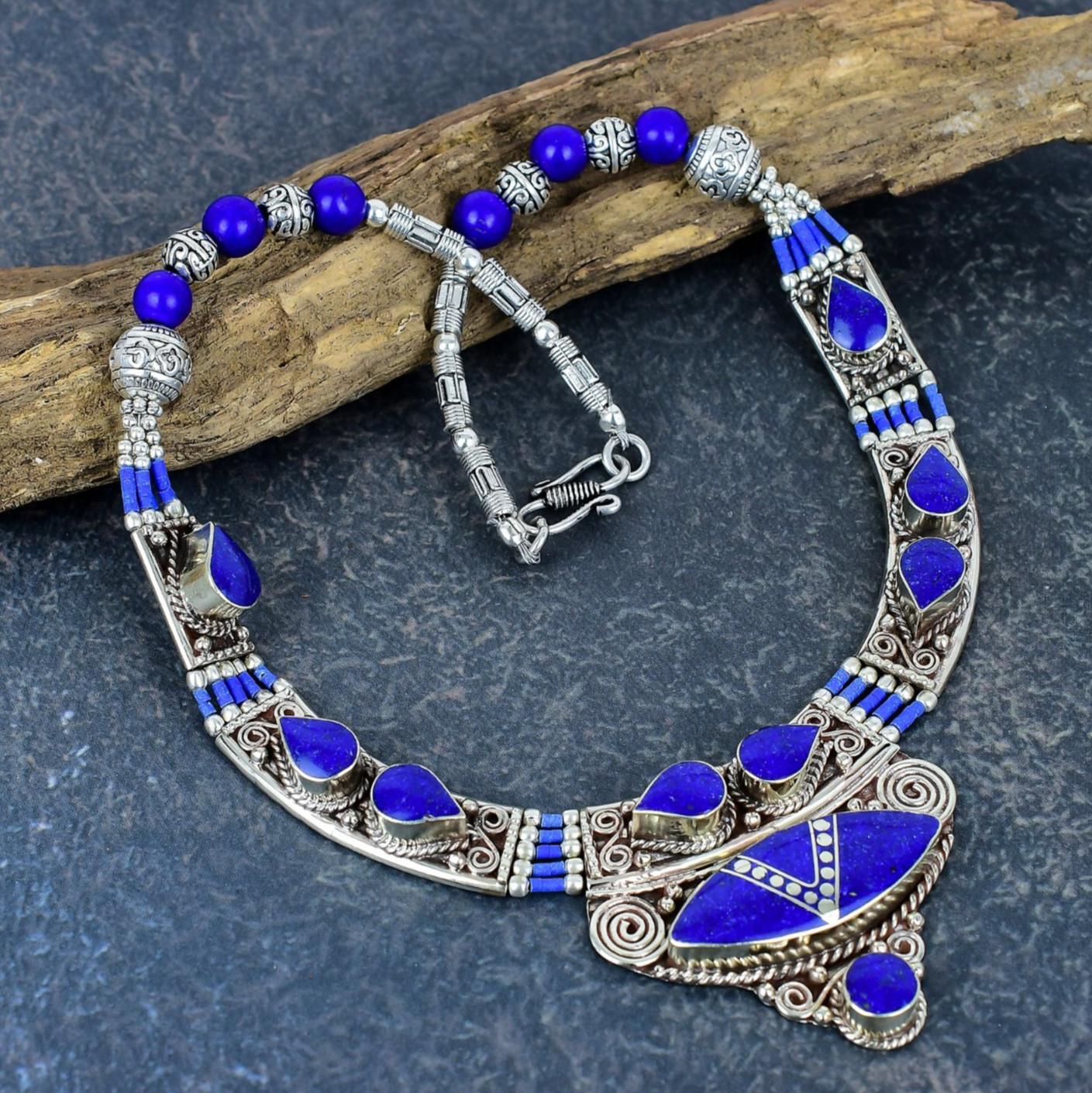 Lapis Lazuli Gemstone Handmade 925 Sterling Silver Jewelry Nepali Necklace