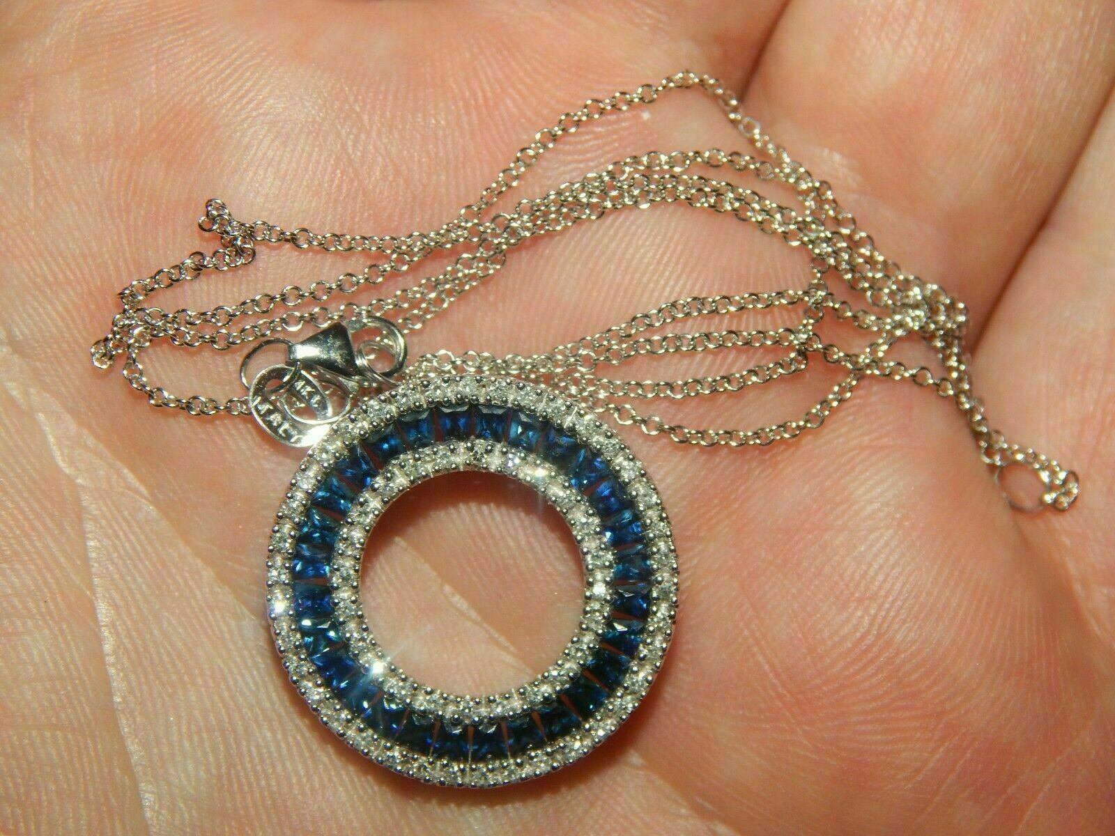 3Ct Princess Cut Blue Sapphire Round Pendant 14K White Gold Finish Free Chain