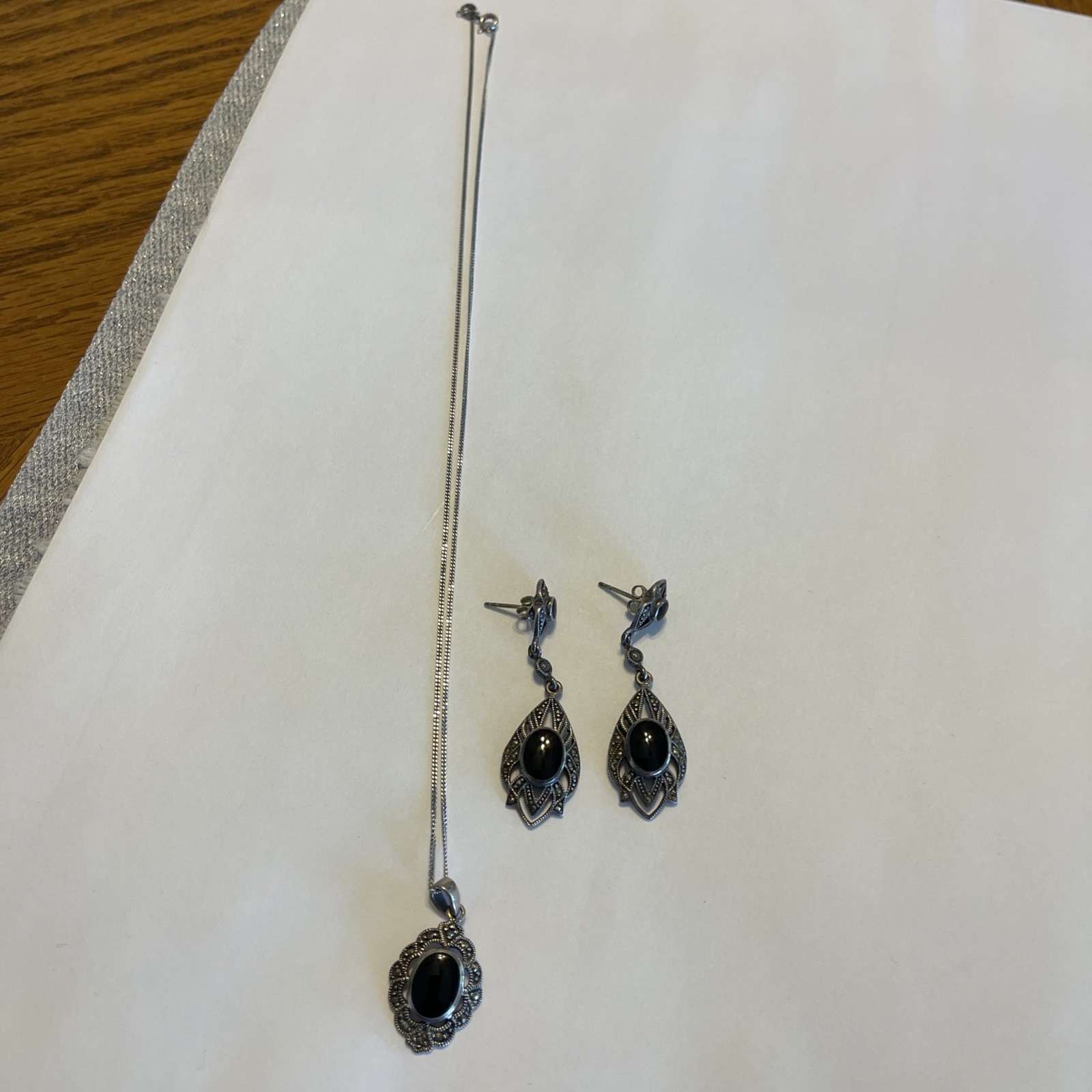 Vintage Sterling Silver Black Onyx Marcasite Filigree Pendant, Chain & Earrings