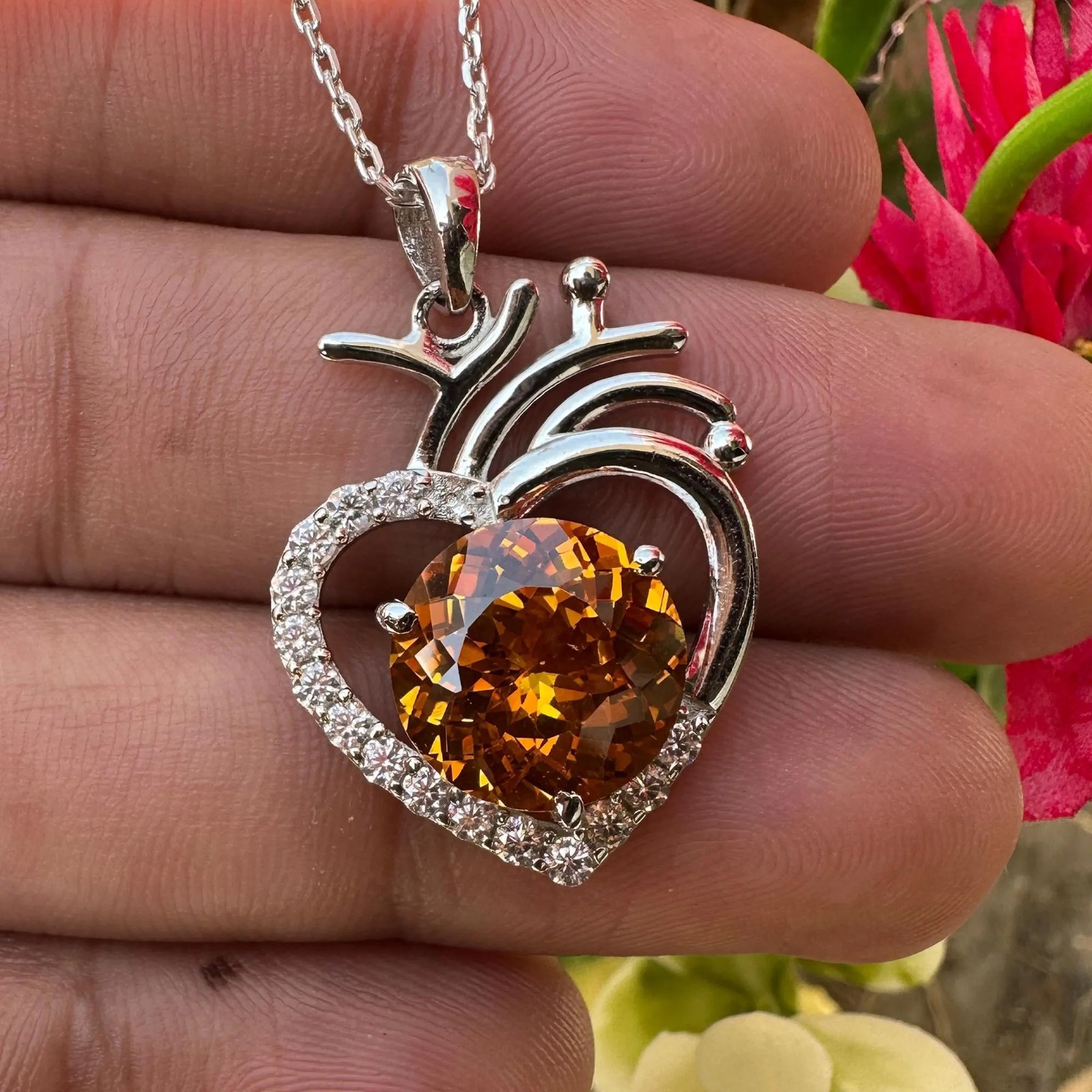 Certified Orange Sapphire 27 Ct Heart Pendant Necklace 925 Sterling Silver