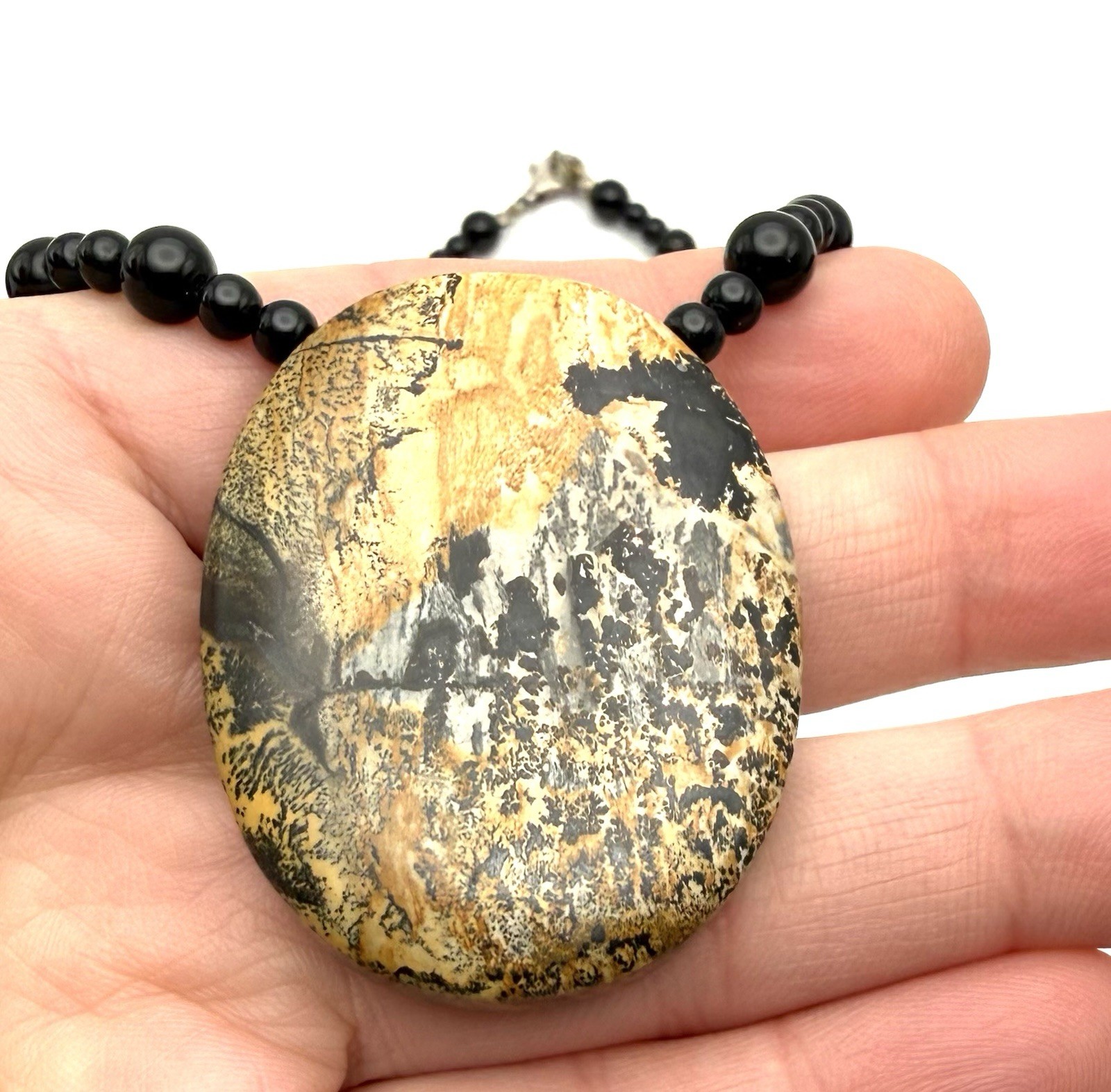 Dendritic Picture Jasper Pendant 925 Clasp Necklace. Black Gemstone Beaded 18”