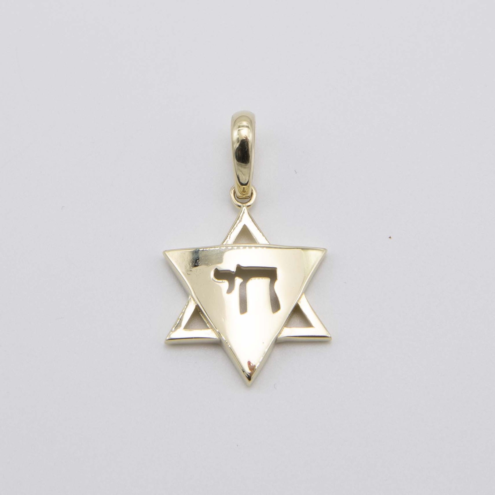 10K Yellow Gold 1 1/4″ Shiny Star of David with Chai Pendant