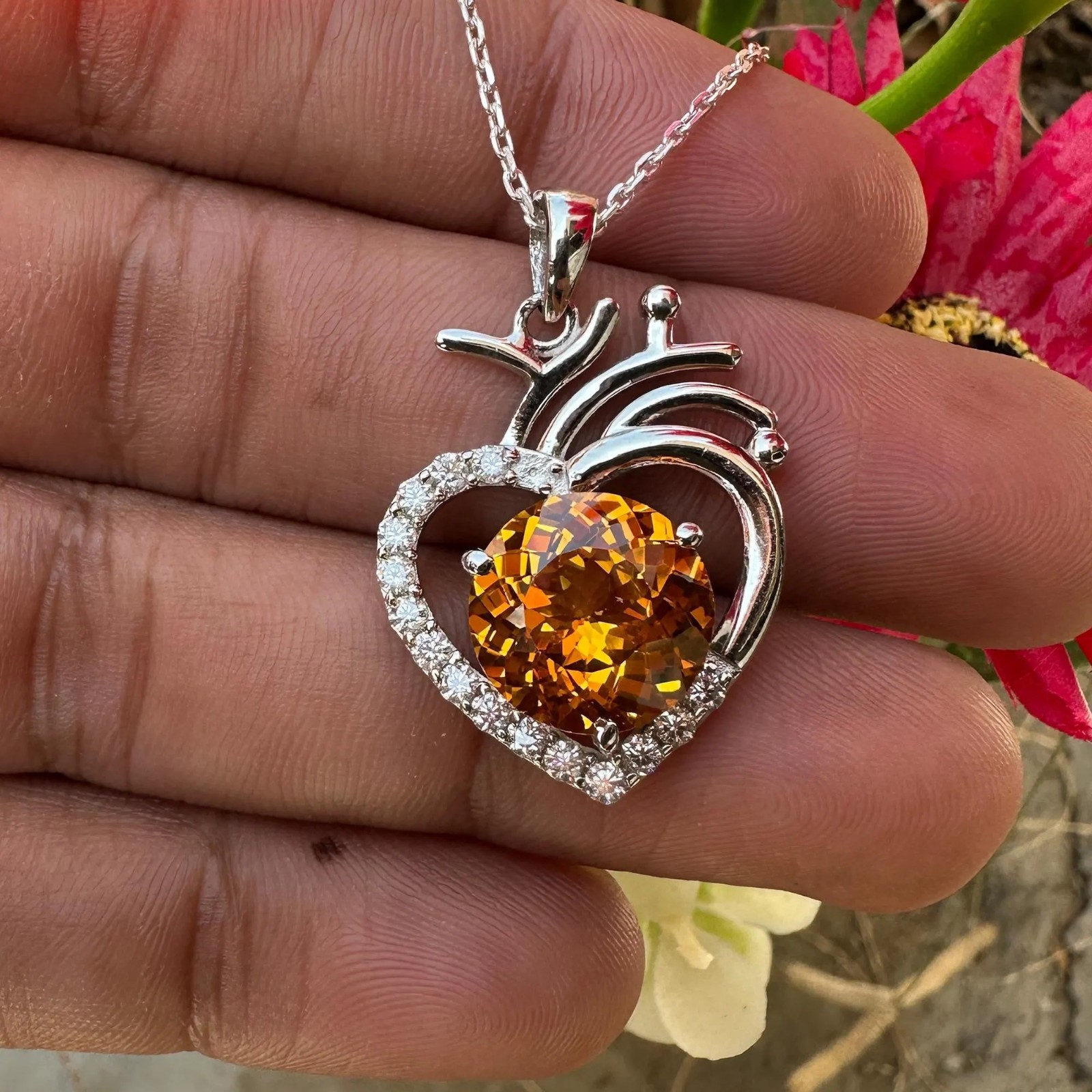 Certified Orange Sapphire 27 Ct Heart Pendant Necklace 925 Sterling Silver