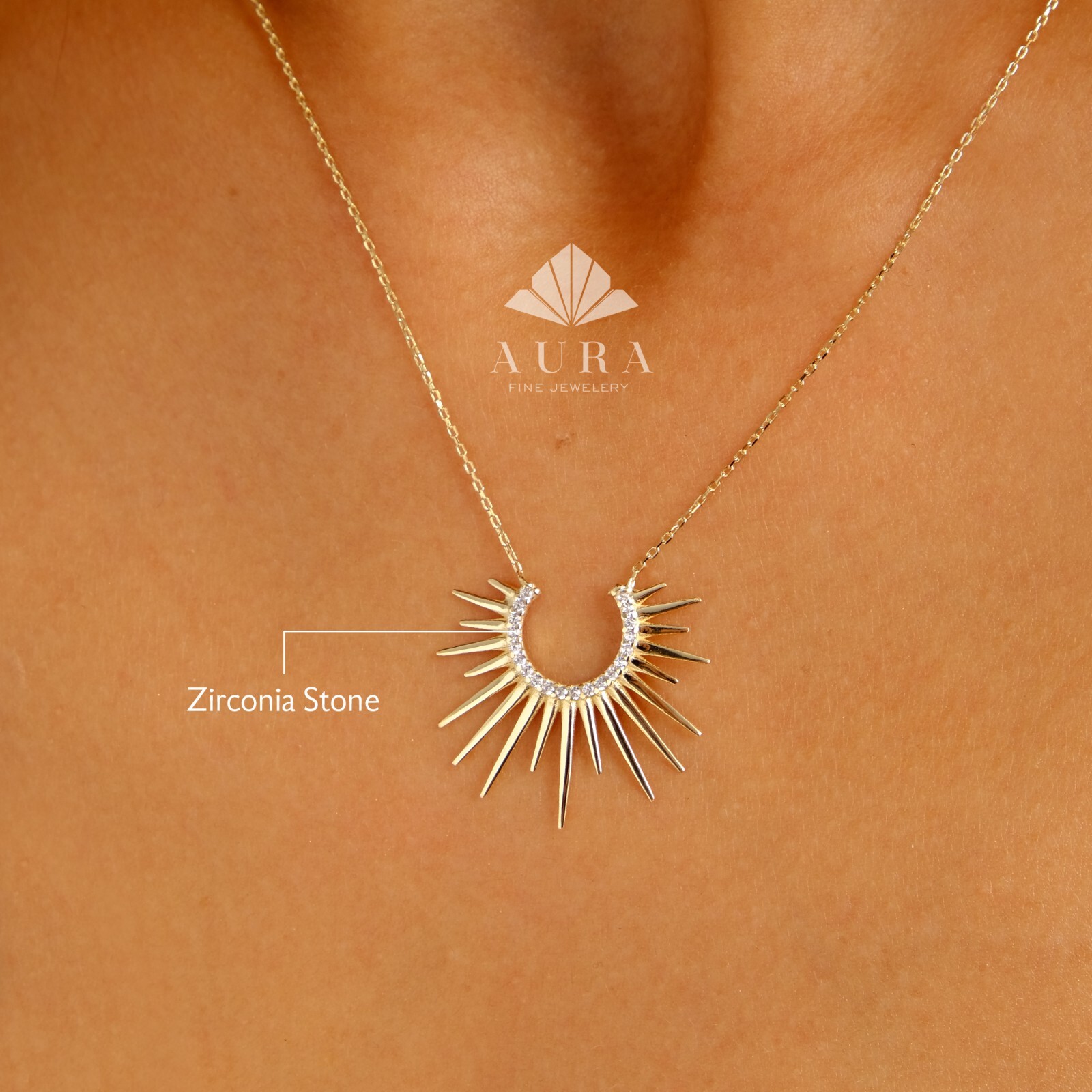 14K Gold Sunburst Necklace, Spikey Gold Sun Pendant, Crescent Necklace