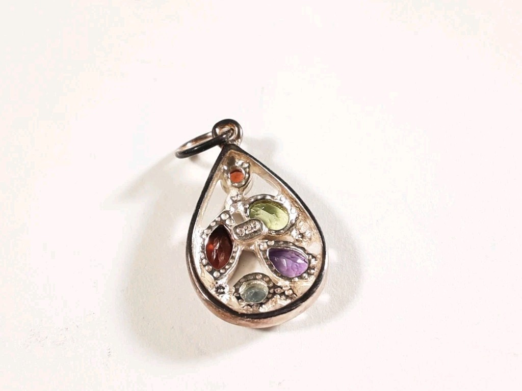 SIGNED AHM 925 STERLING SILVER SMALL GARNET TOPAZ PERIDOT AMETHYST 1″ PENDANT 2g