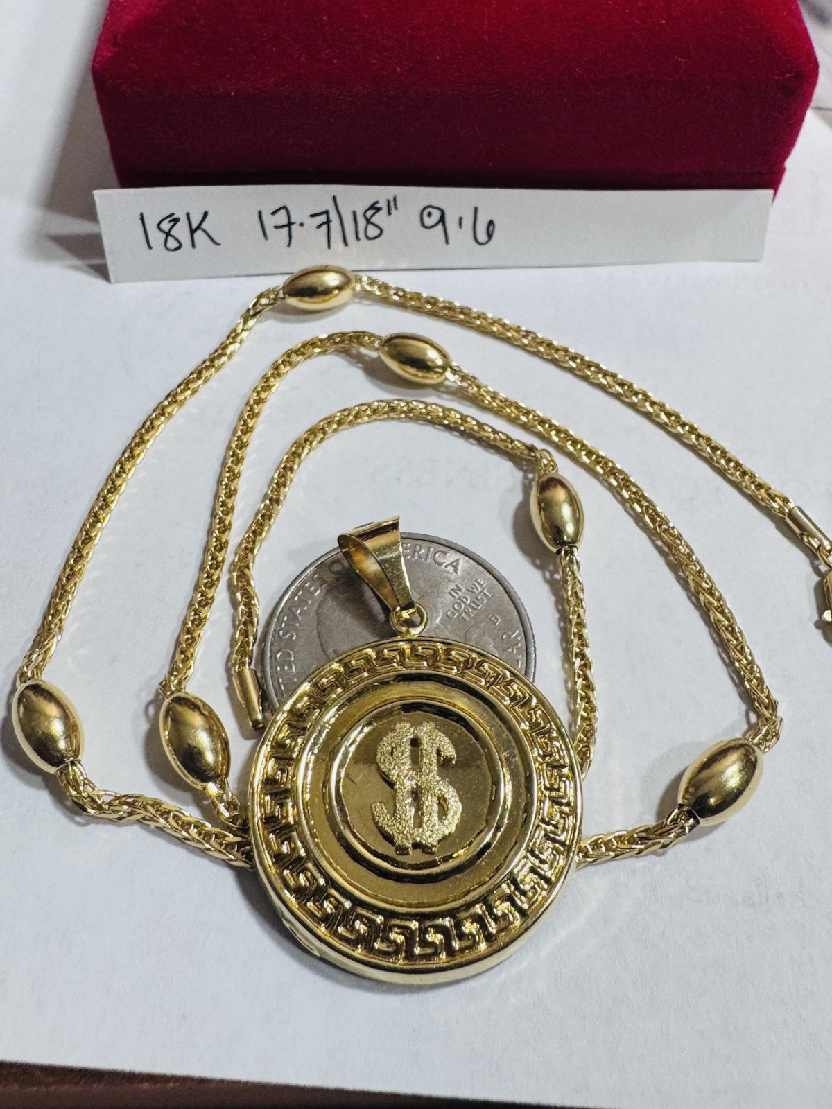 18K 750 Gold Oval Chain Dollar $ SET Necklace 17.6”/18” Long 9.6g 2.2mm WOMENS