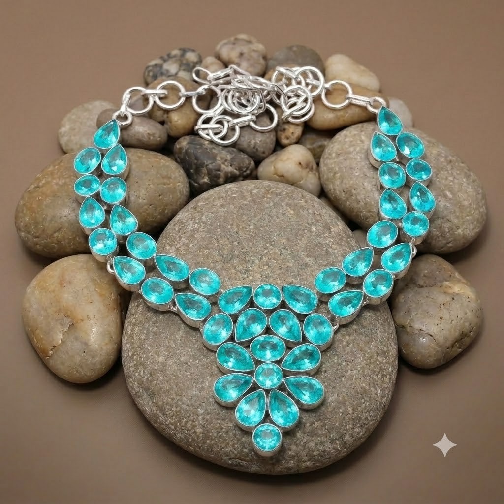 Paraiba Tourmaline Gemstone 925 Sterling Silver Jewelry Necklace Size-17-18″