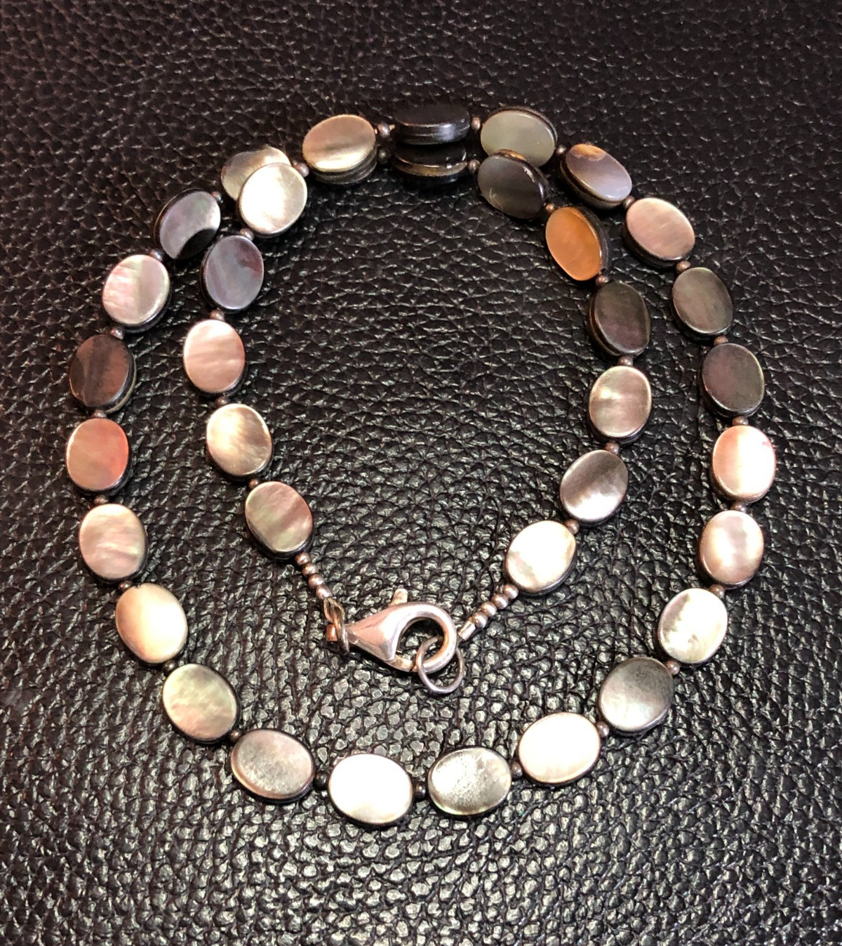 Natural Tahitian Mother of Pearl Gemstone Bead Strand Necklace 925 Silver 6120