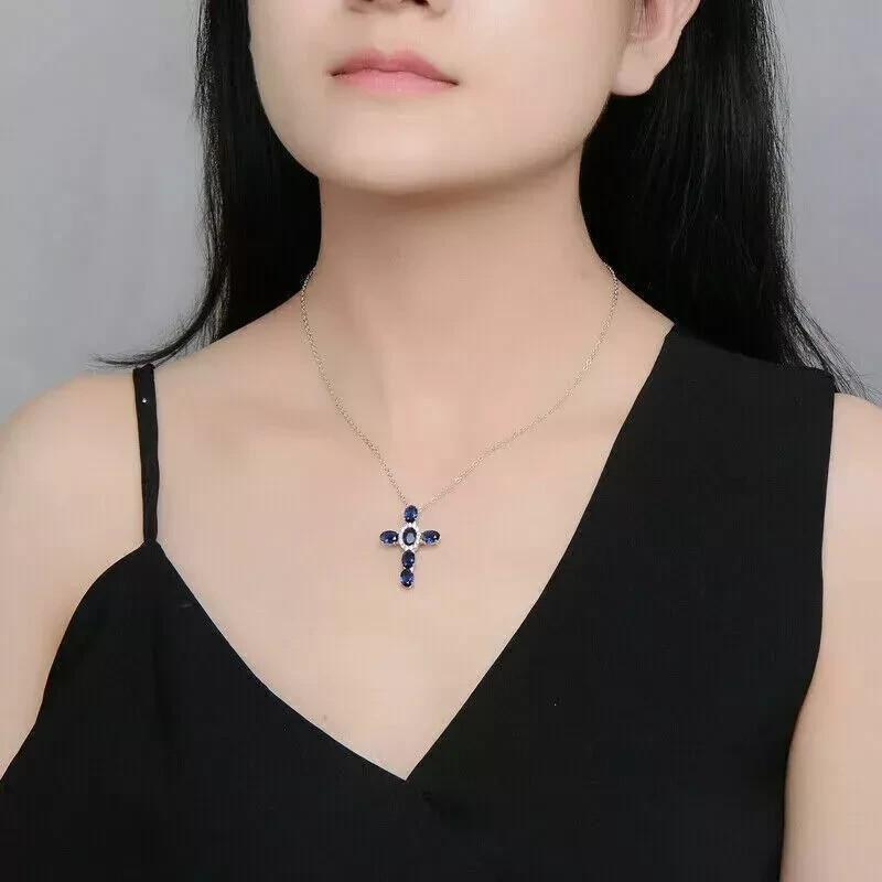 3Ct Oval Cut Blue Sapphire Diamond Cross Pendant Necklace 14K White Gold Finish