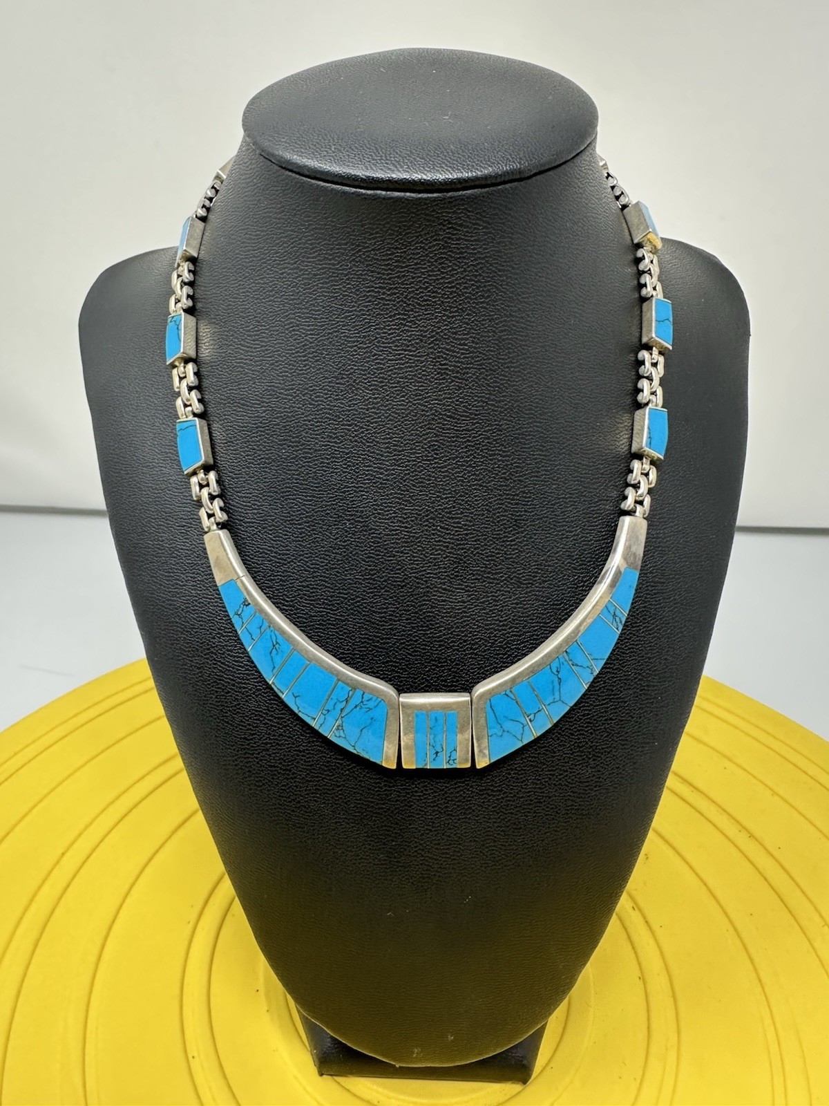 Sterling Silver Turquoise Pendant Choker Necklace 57g 17 In Modern Elegant Chic