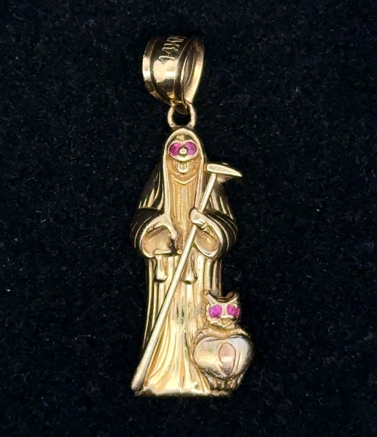 14K Yellow Gold Santa Muerte Grim Reaper Angel of Death Pendant Charm, 3.23g