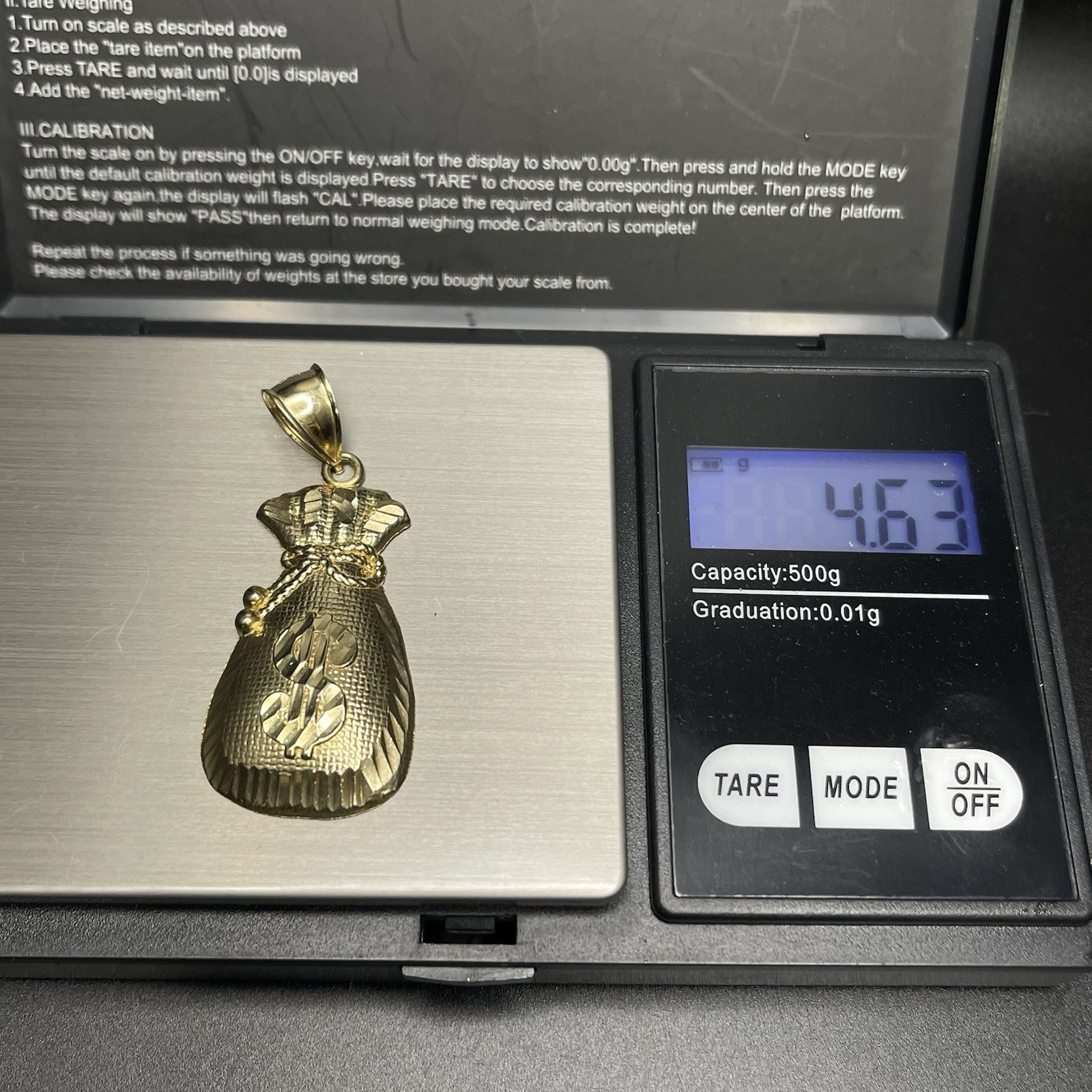 10K Solid Yellow Gold Dollar Sign Diamond Cut Lucky Money Bag Charm Pendant 4.6g