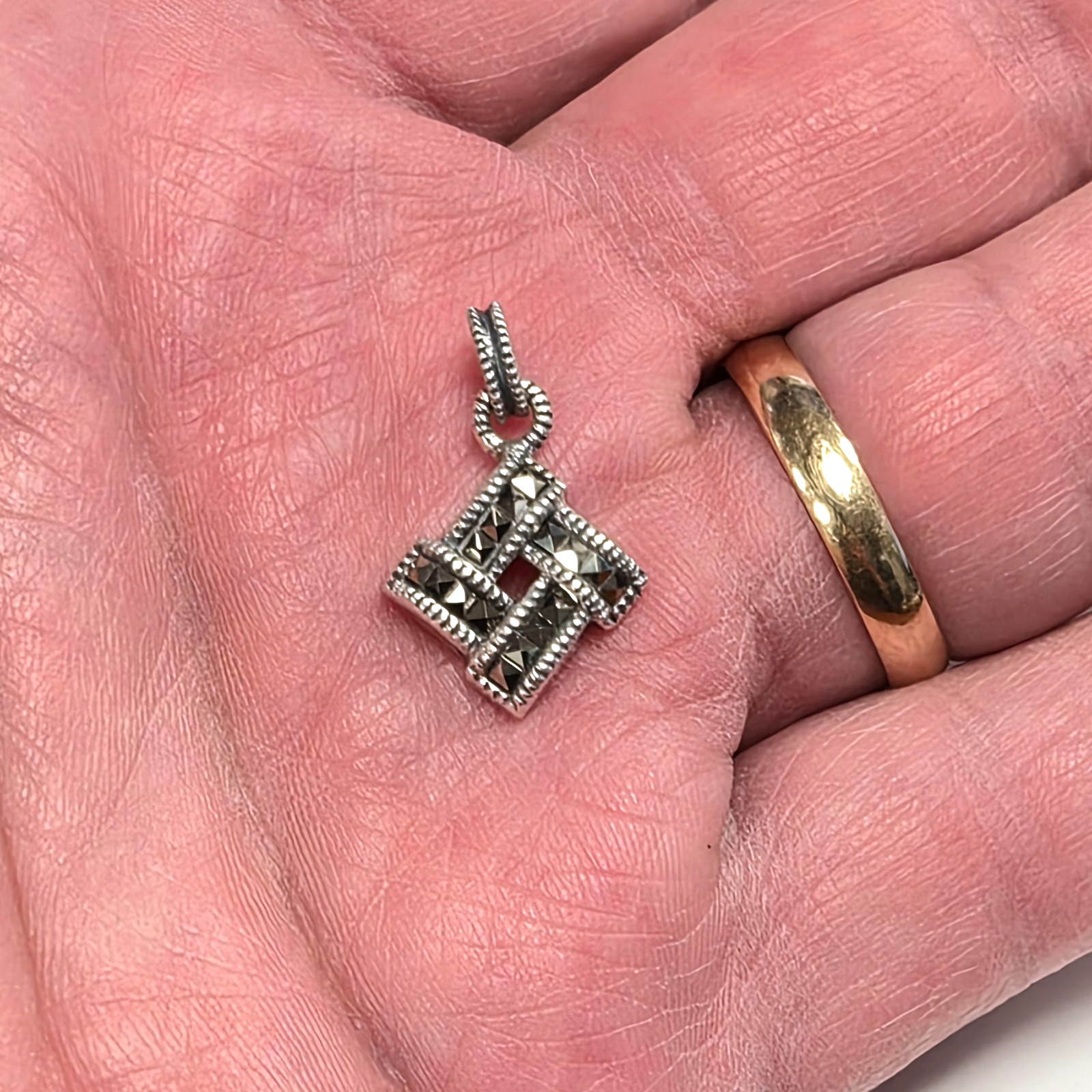 Vintage Signed Judith Jack 925 Sterling Silver Marcasite Geometric Grid Pendant