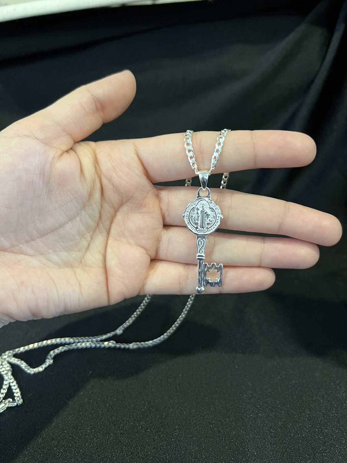 925 Sterling Silver Men St Benedict Key San Benito Llave & Curb Chain 20 24 30